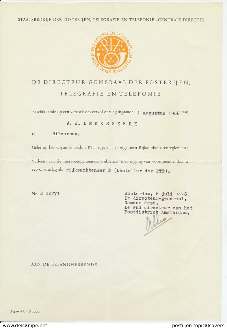 PTT Amsterdam 1966 - Betreft Eervol Ontslag - Sin Clasificación