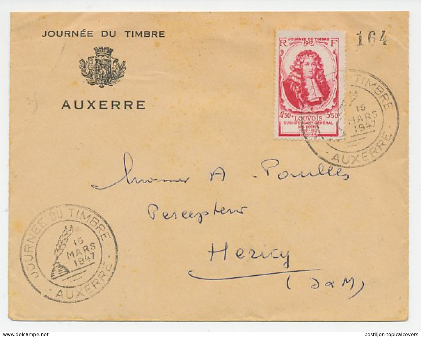 Cover / Postmark France 1947 Stamp Day Auxerre - Louvois - Postmaster - Autres & Non Classés