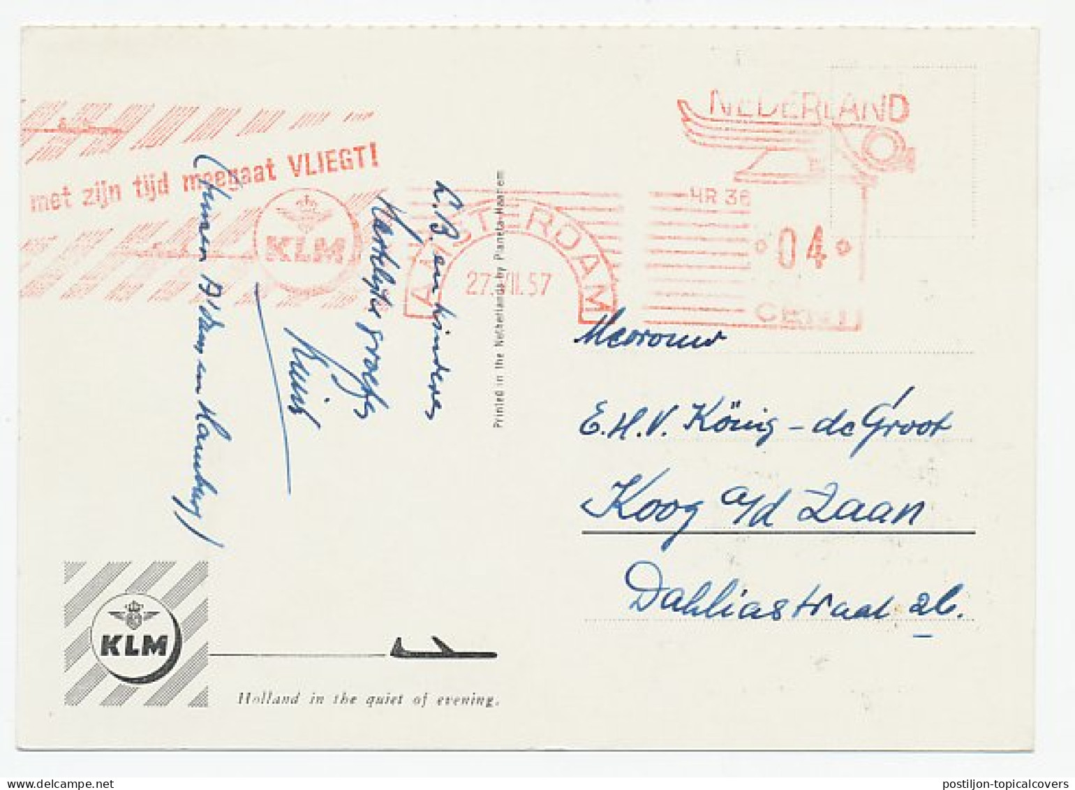 KLM Freecard 1957 - Roodfrankering - Sin Clasificación