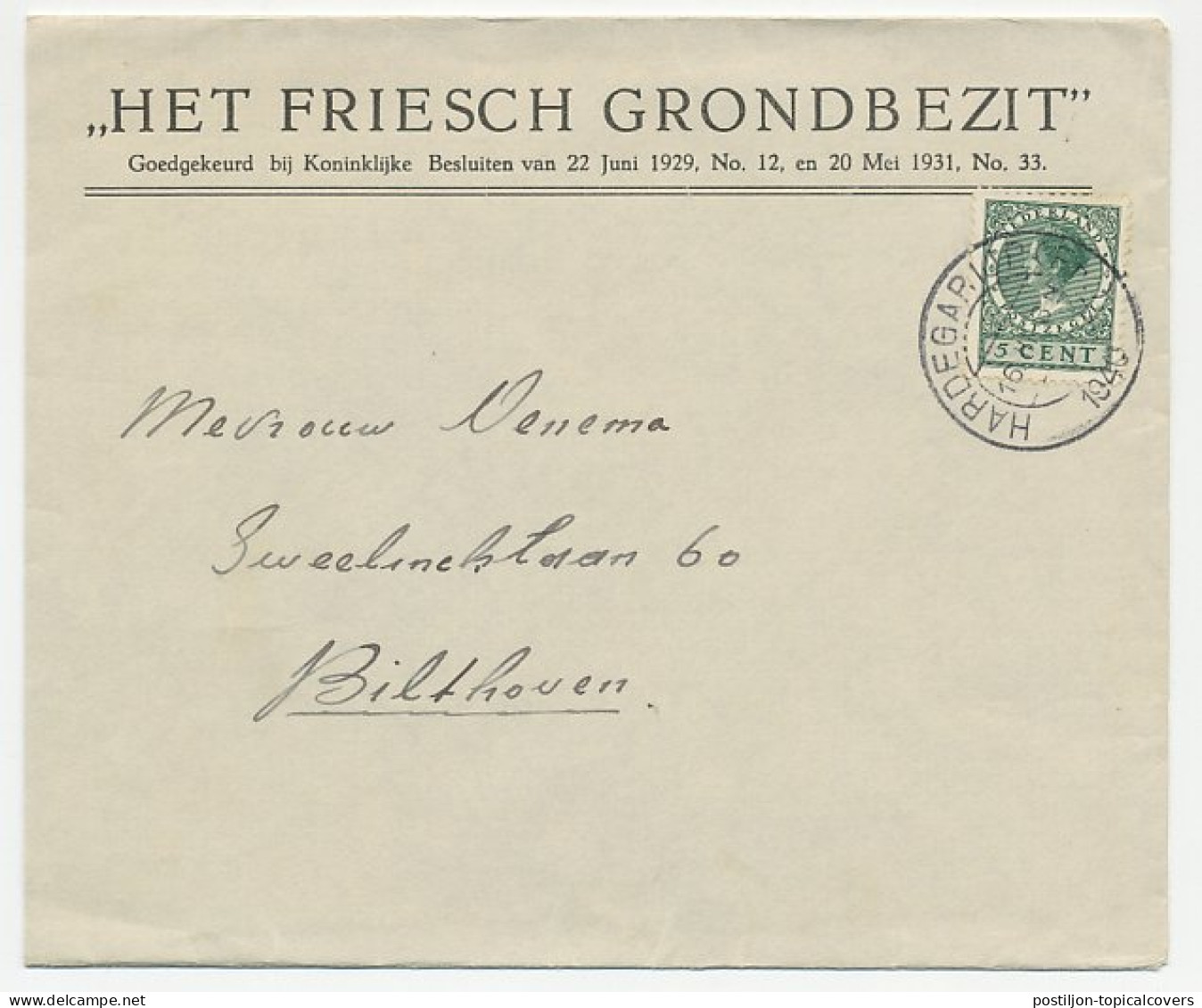 Envelop Hardegarijp 1940 - Het Friesch Grondbezit - Unclassified