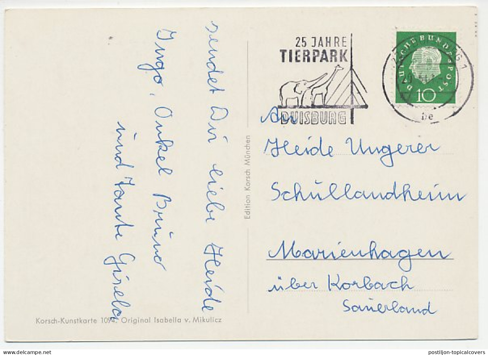 Card / Postmark Germany 1961 Elephant - Giraffe - Zoo Duisburg - Autres & Non Classés