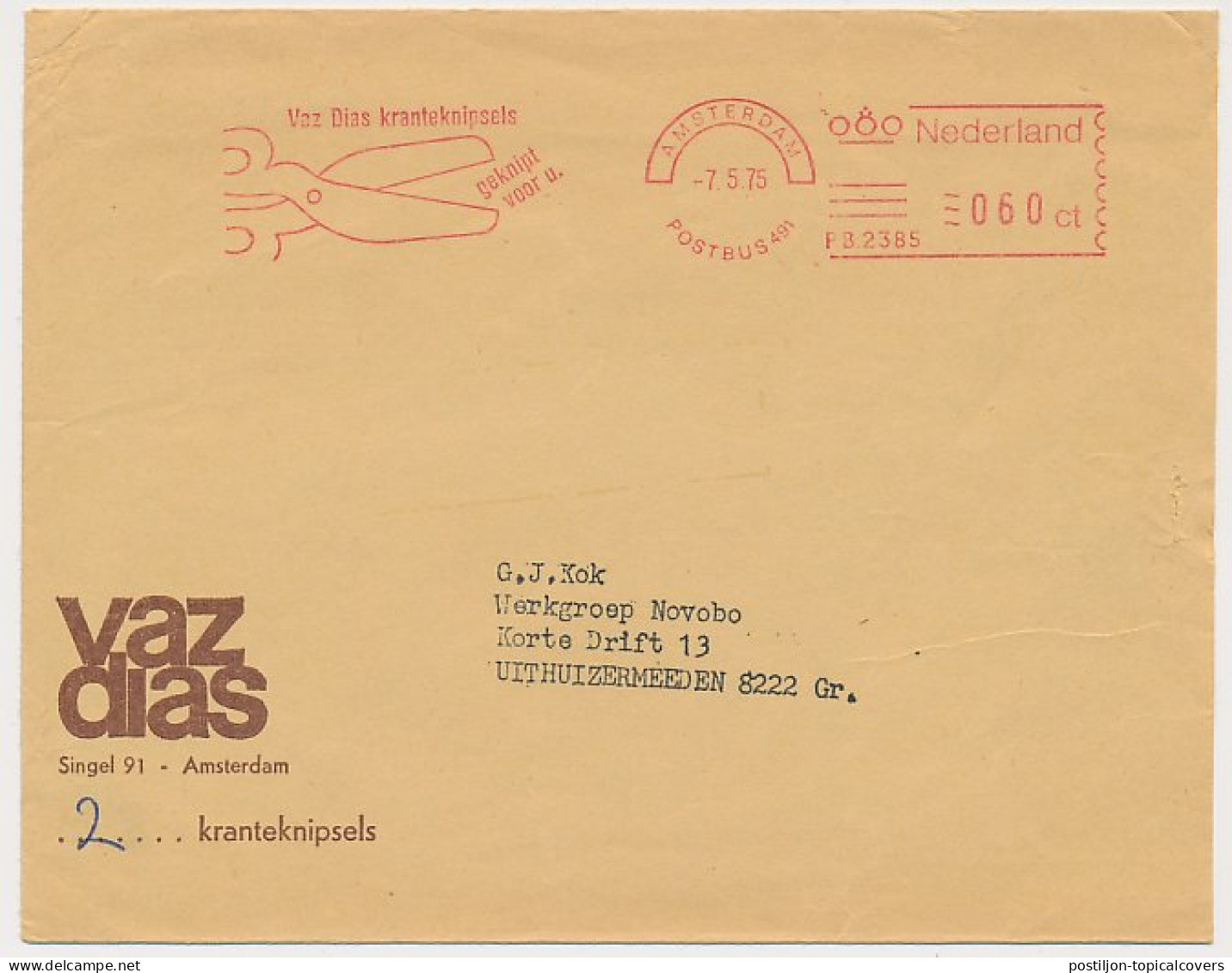 Meter Cover Netherlands 1975 Scissors - Clipping Service  - Unclassified