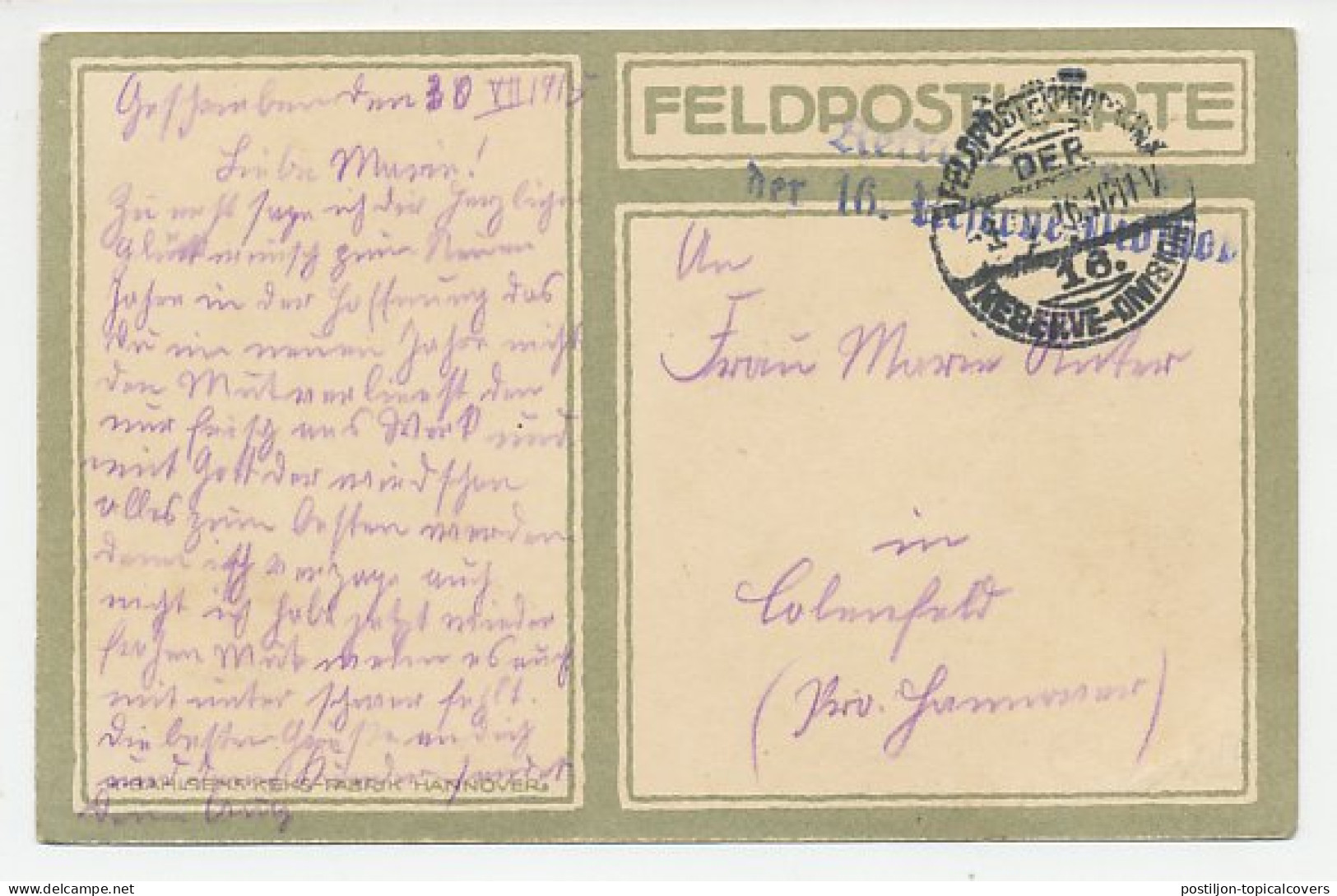 Fieldpost Postcard Germany 1916 German Soldiers - WWI - 1. Weltkrieg
