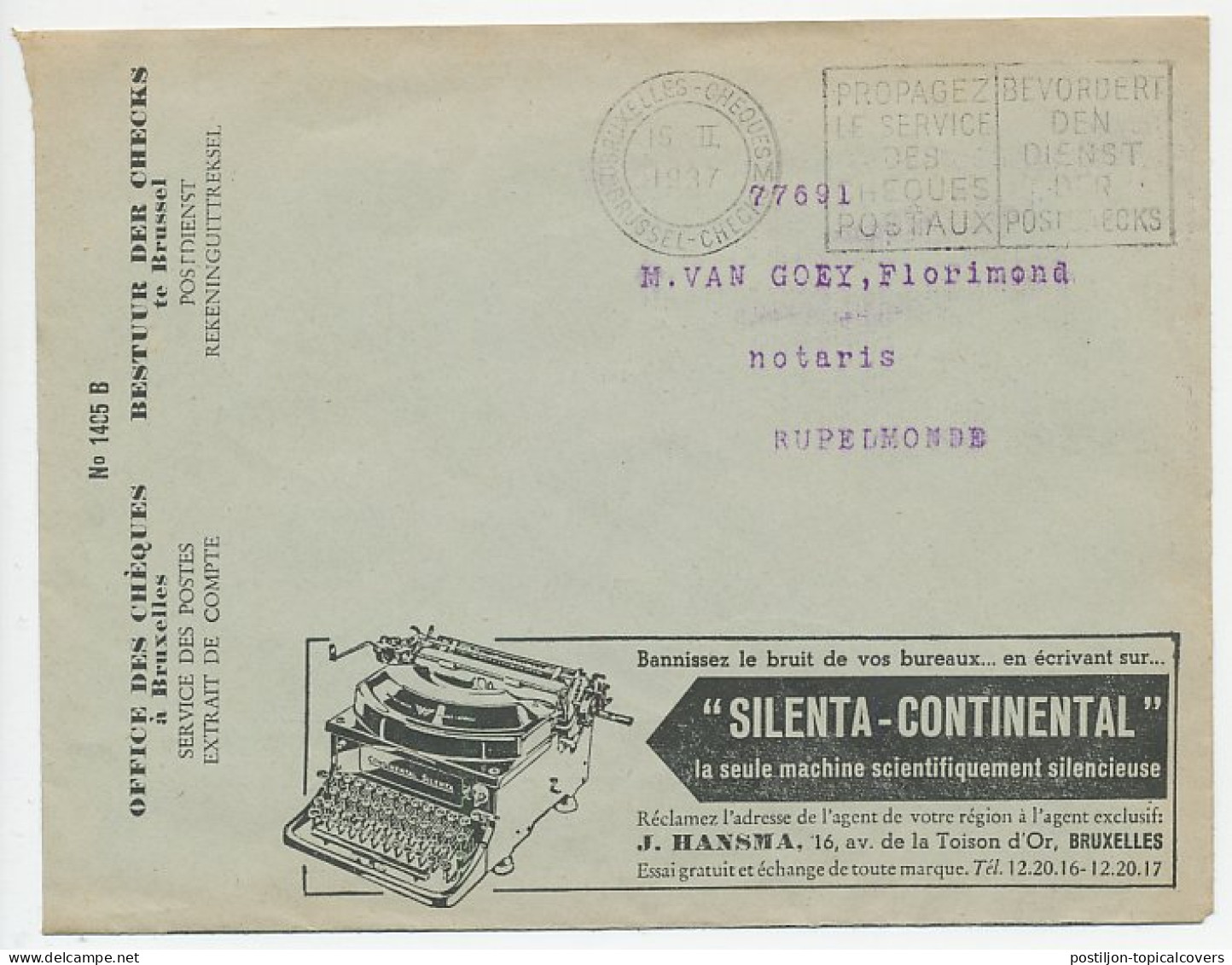 Postal Cheque Cover Belgium 1937 Typewriter - Continental - Leather - Soles - Heels - Shoe  - Non Classés
