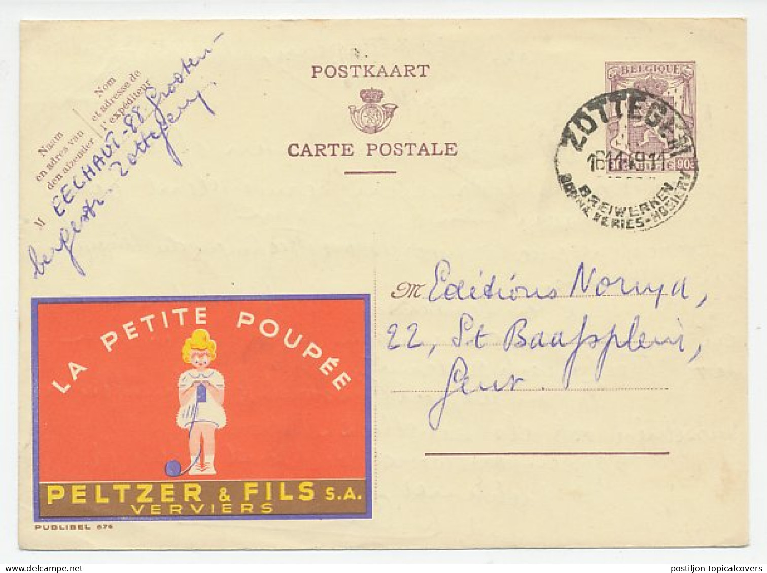 Publibel - Postal Stationery Belgium 1949 Knitting - Wool - Textiel