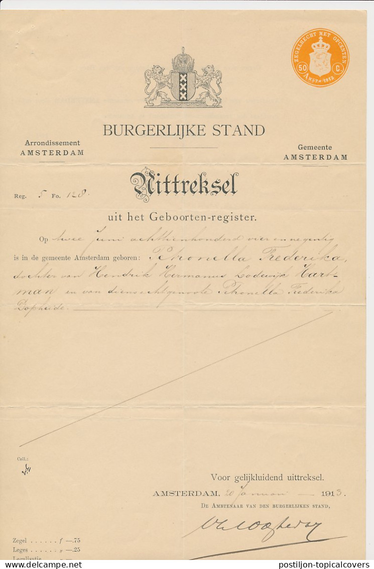 Fiscaal Droogstempel 50 C. ZEGELRECHT MET OPCENTEN AMST. 1913 - Steuermarken
