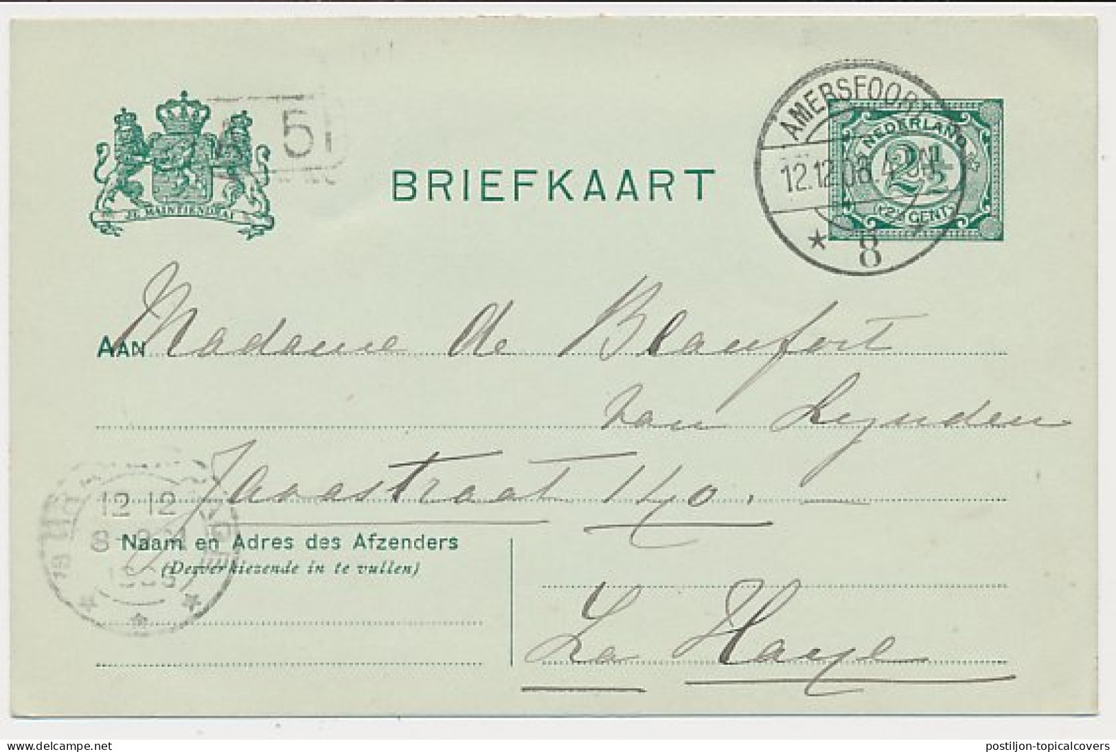 Briefkaart G. 68 Amersfoort - Den Haag 1908 - Postal Stationery
