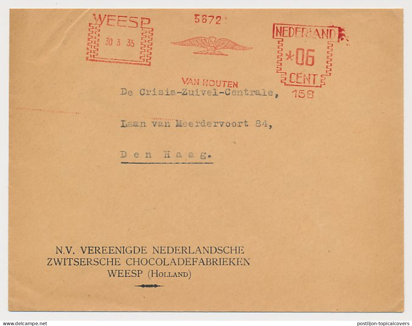 Meter Cover Netherlands 1935 Chocolate - Van Houten  - Levensmiddelen