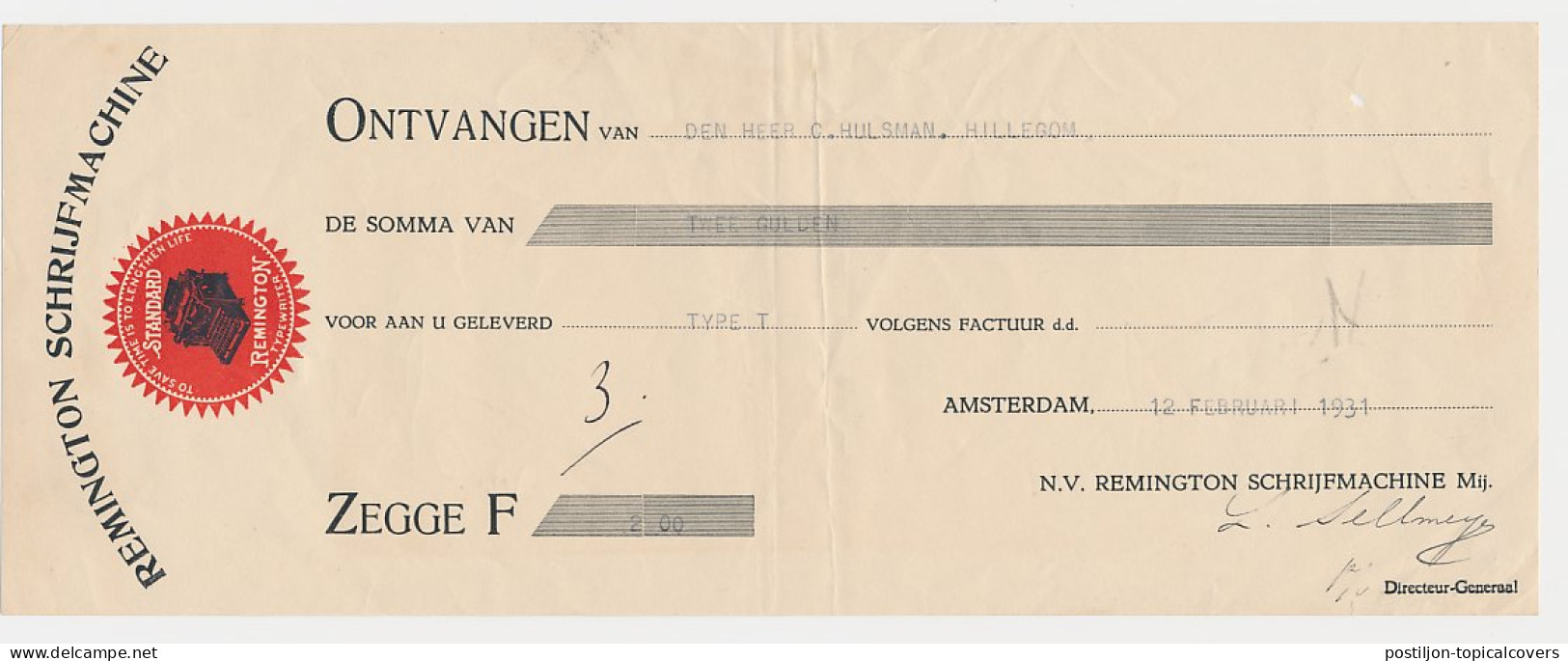 Kwitantie Amsterdam 1931 - Remington Schrijfmachine - Holanda