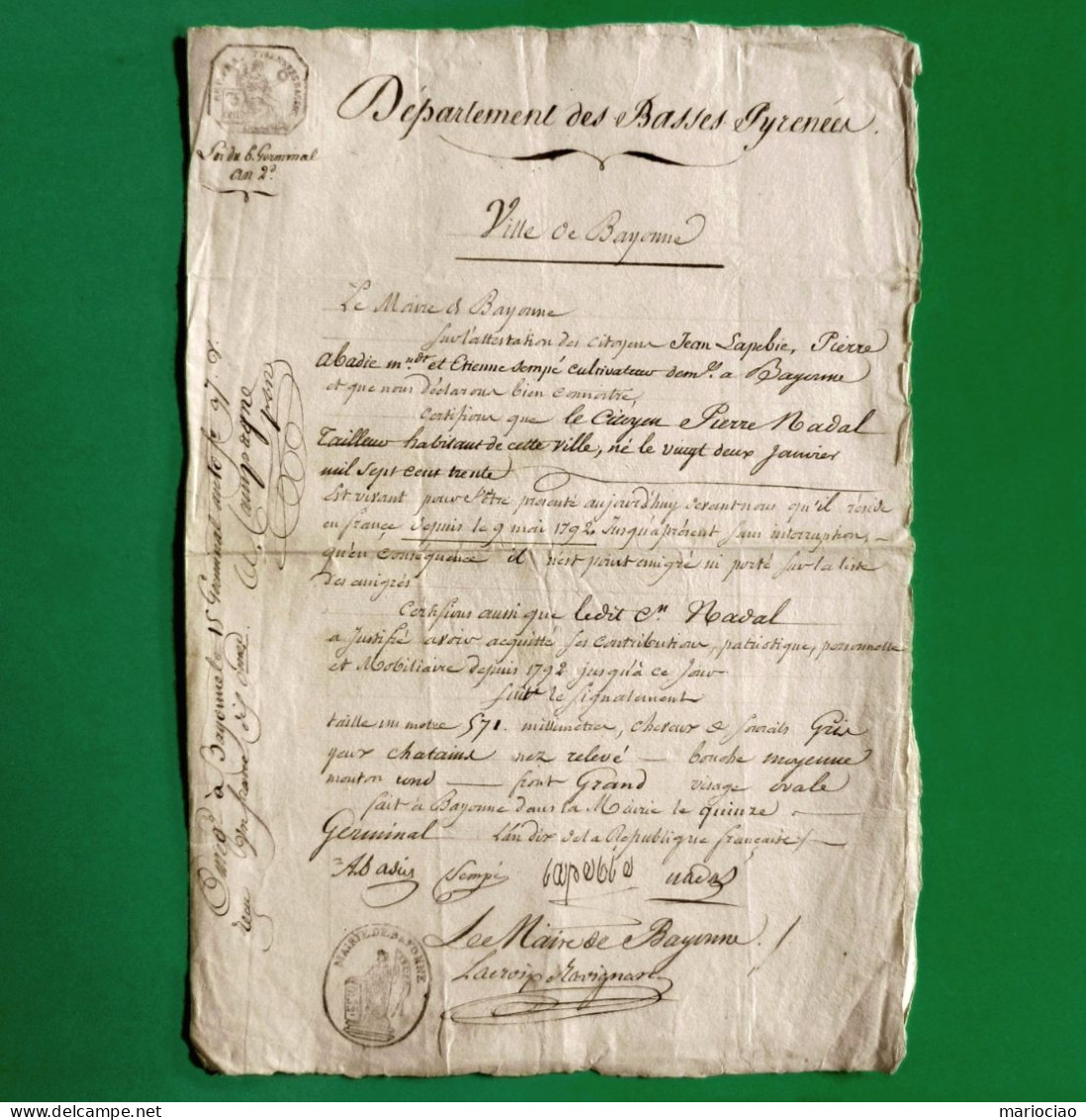 D-FR Révolution 1794 BAYONNE Certificat De Non Inscription Sur La Liste D'Emigrés - Documents Historiques