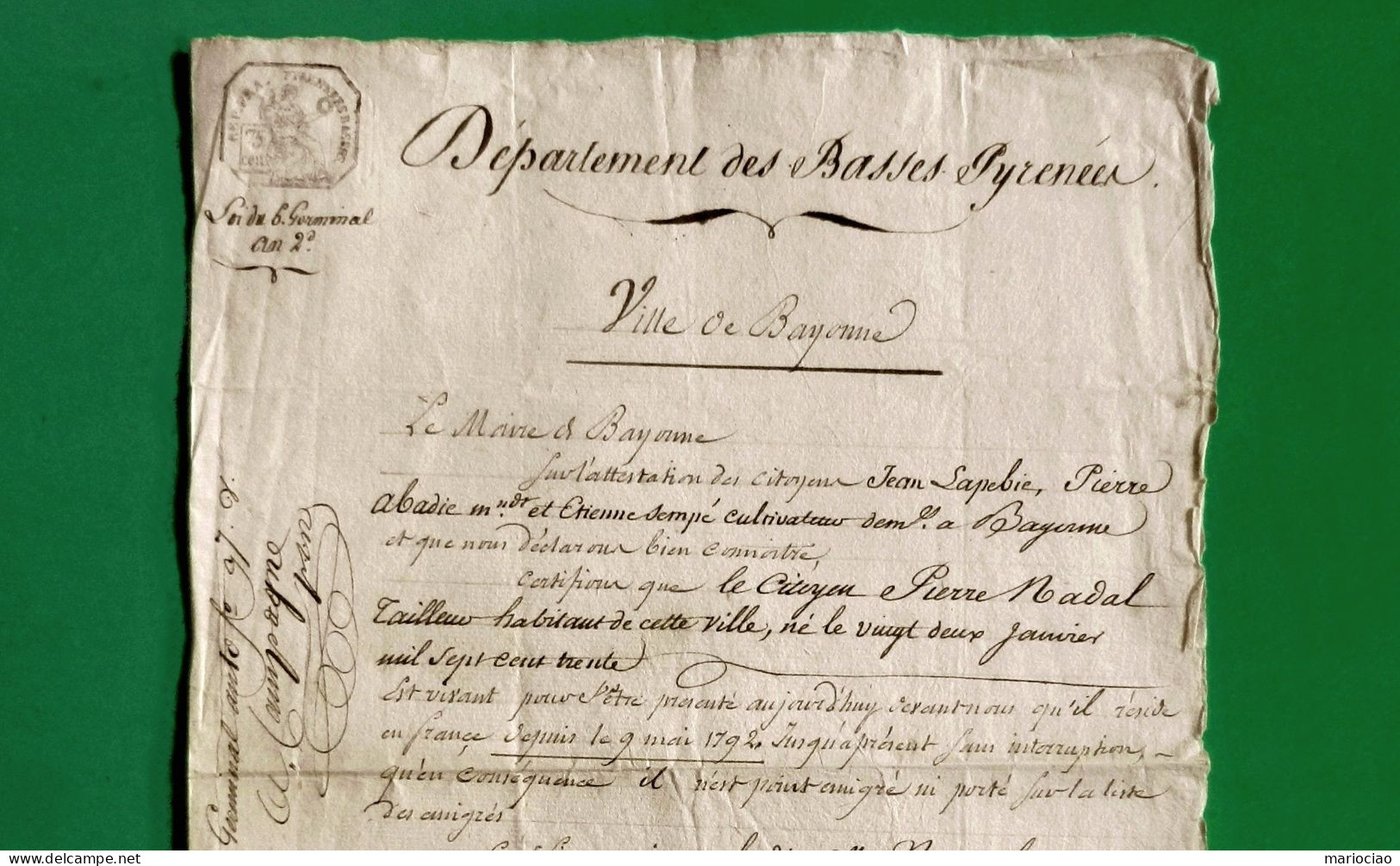 D-FR Révolution 1794 BAYONNE Certificat De Non Inscription Sur La Liste D'Emigrés - Documents Historiques