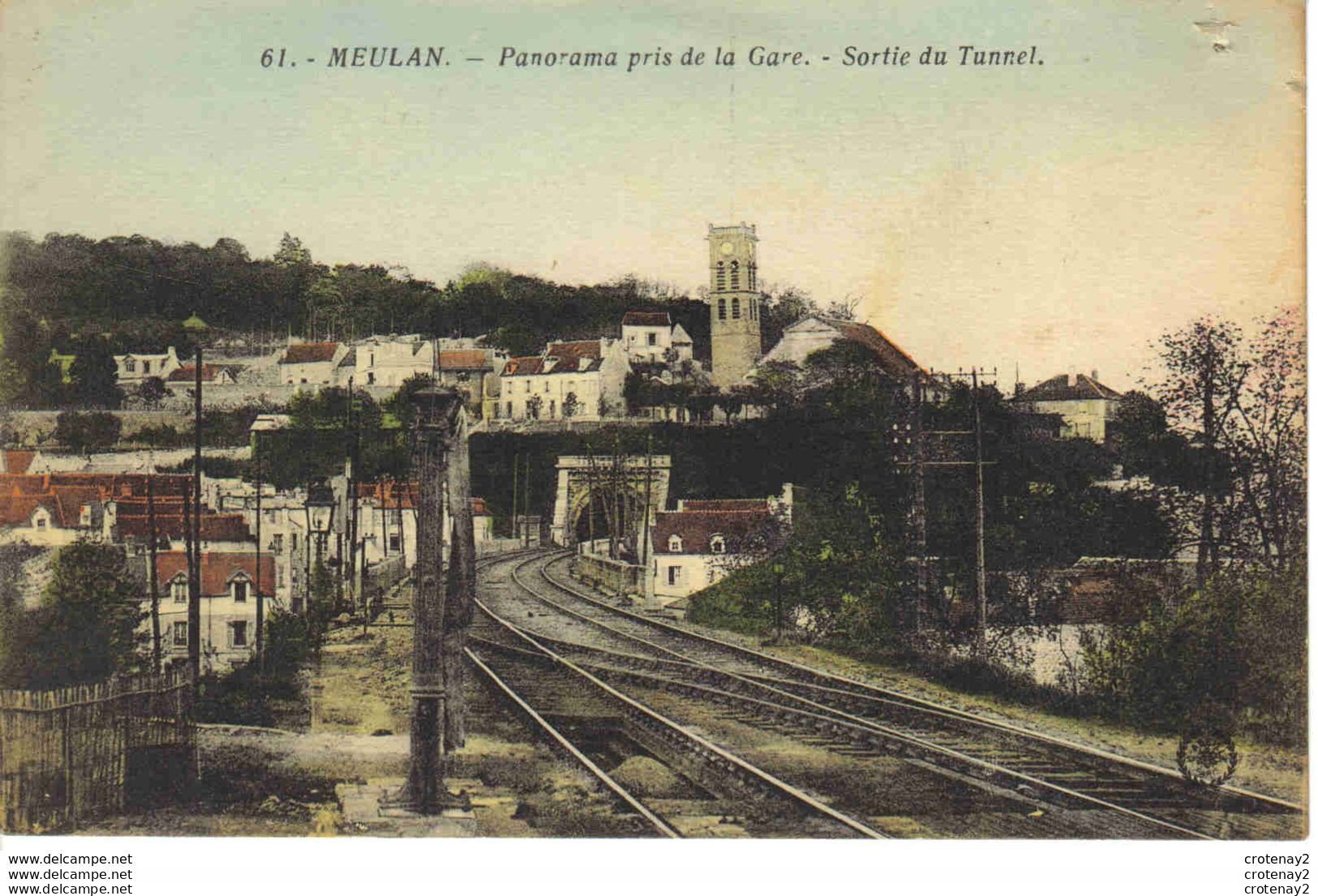 78 MEULAN N°61 Panorama Pris De La Gare Sortie Tunnel Voie Ferrée Aiguillages Manche à Eau Pour Machines à Vapeur - Meulan