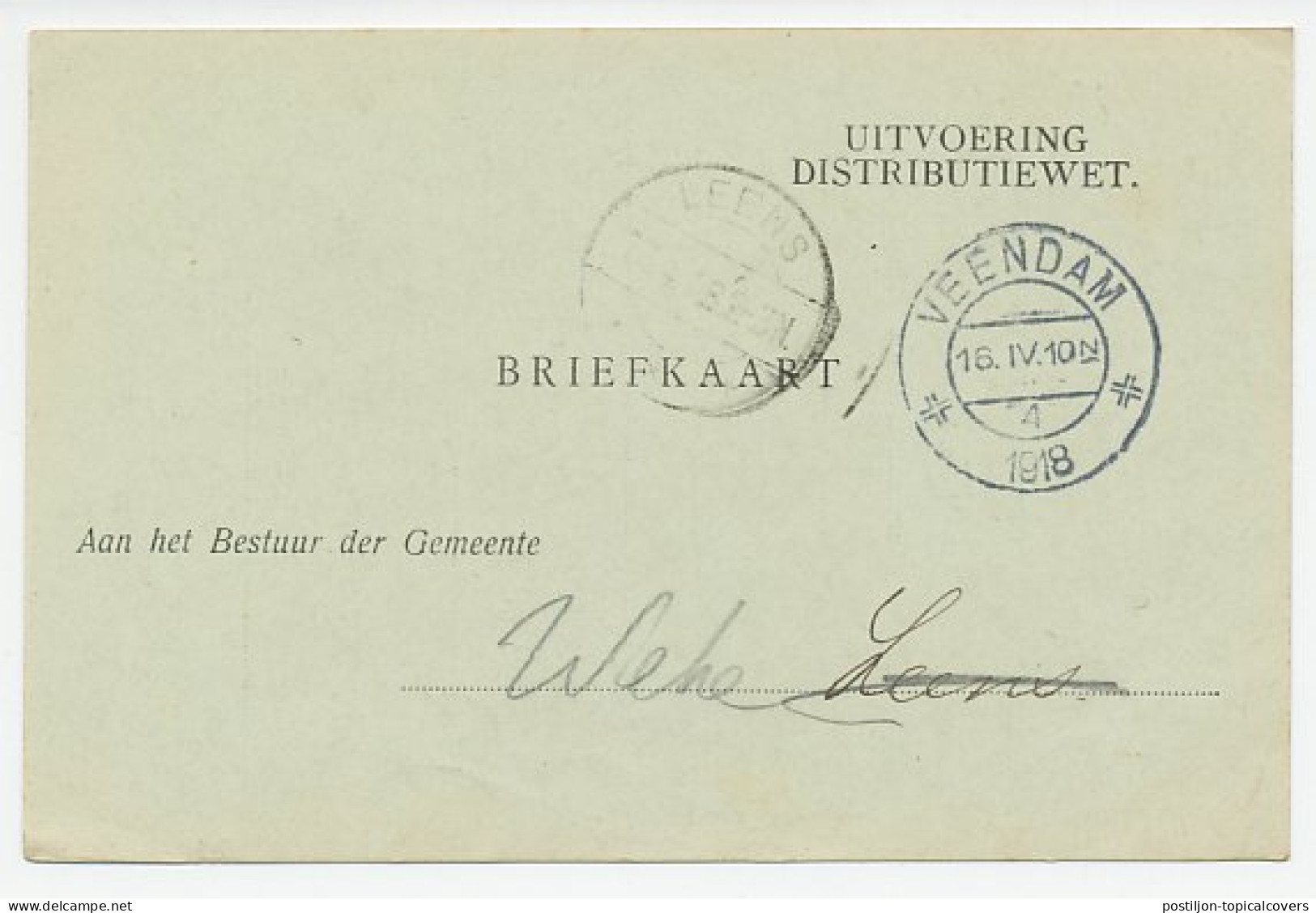 Dienst Veendam - Leens - Wehe 1918 - Uitvoering Distributiewet  - Sin Clasificación