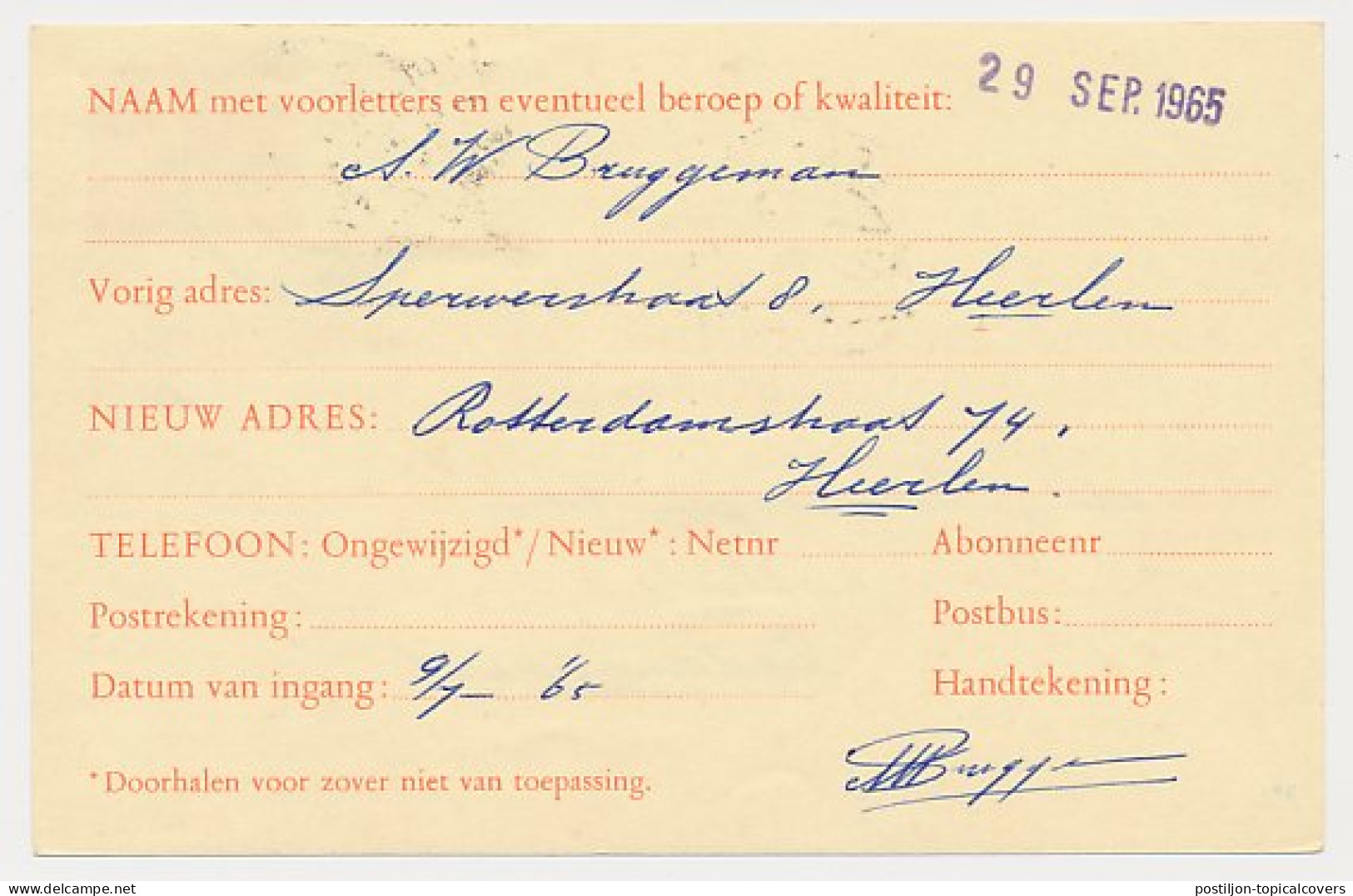 Verhuiskaart G. 30 Heerlen - Dedemsvaart 1965 - Entiers Postaux