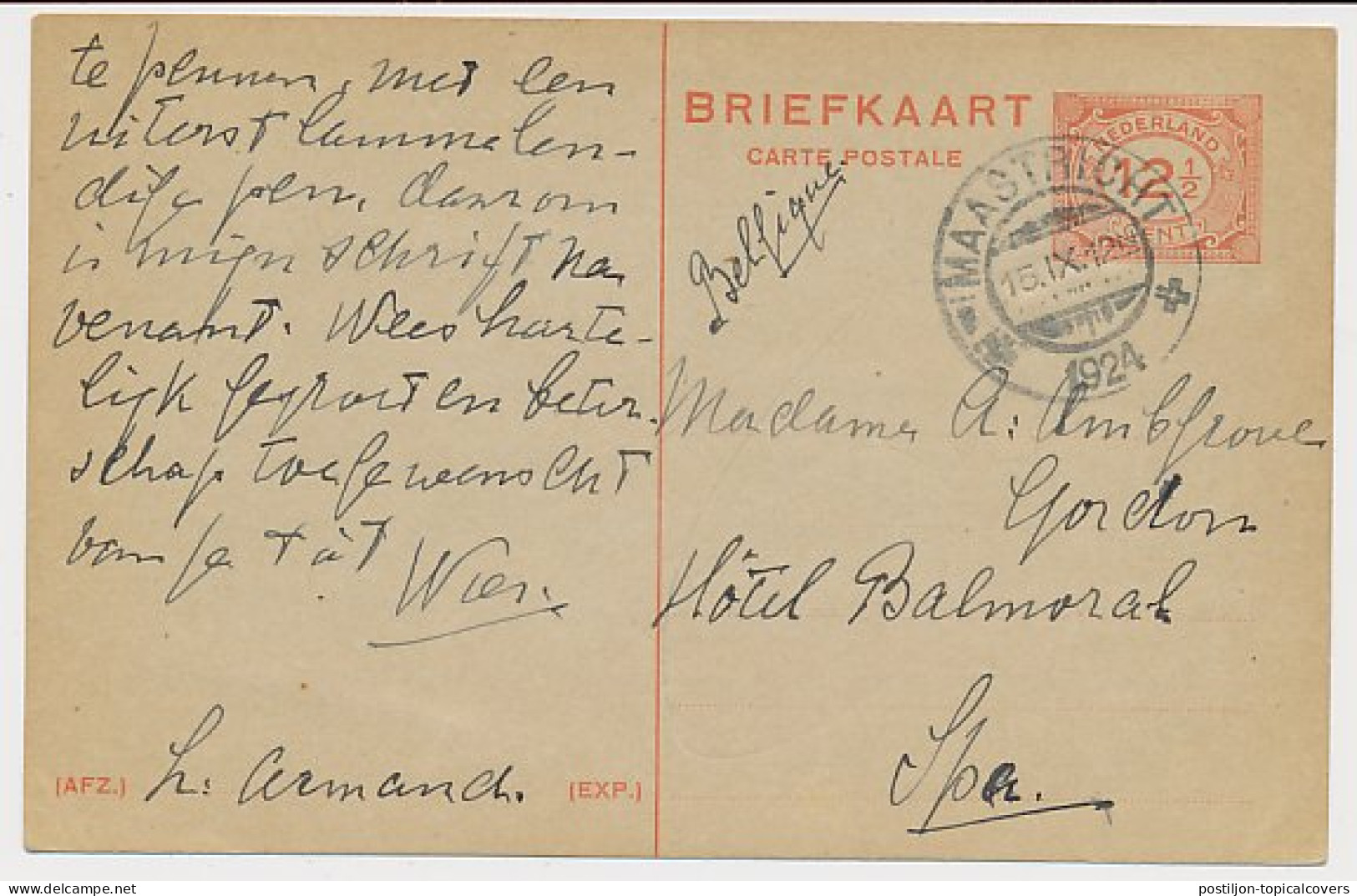Briefkaart G. 197 Z-2 Maastricht - Spa Belgie 1924 - Material Postal