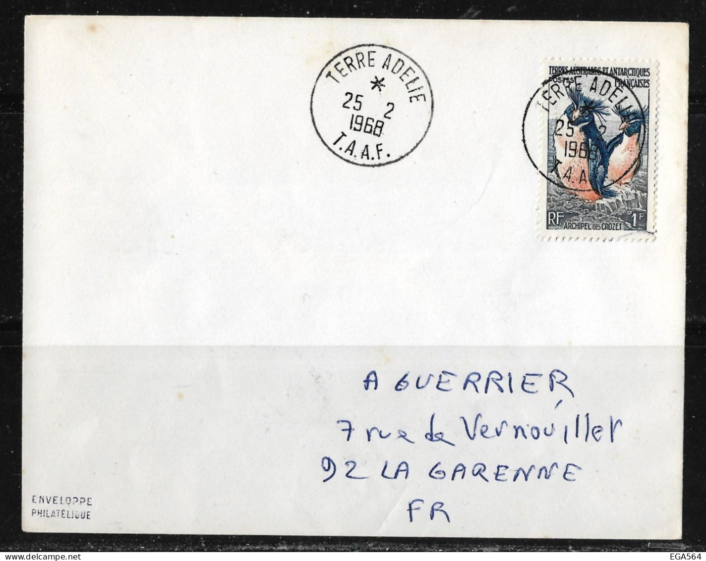 91 - Y&T PO 3 Manchot Gorfou Sur Pli  Terre Adélie Du 25.2.1968 . - Covers & Documents