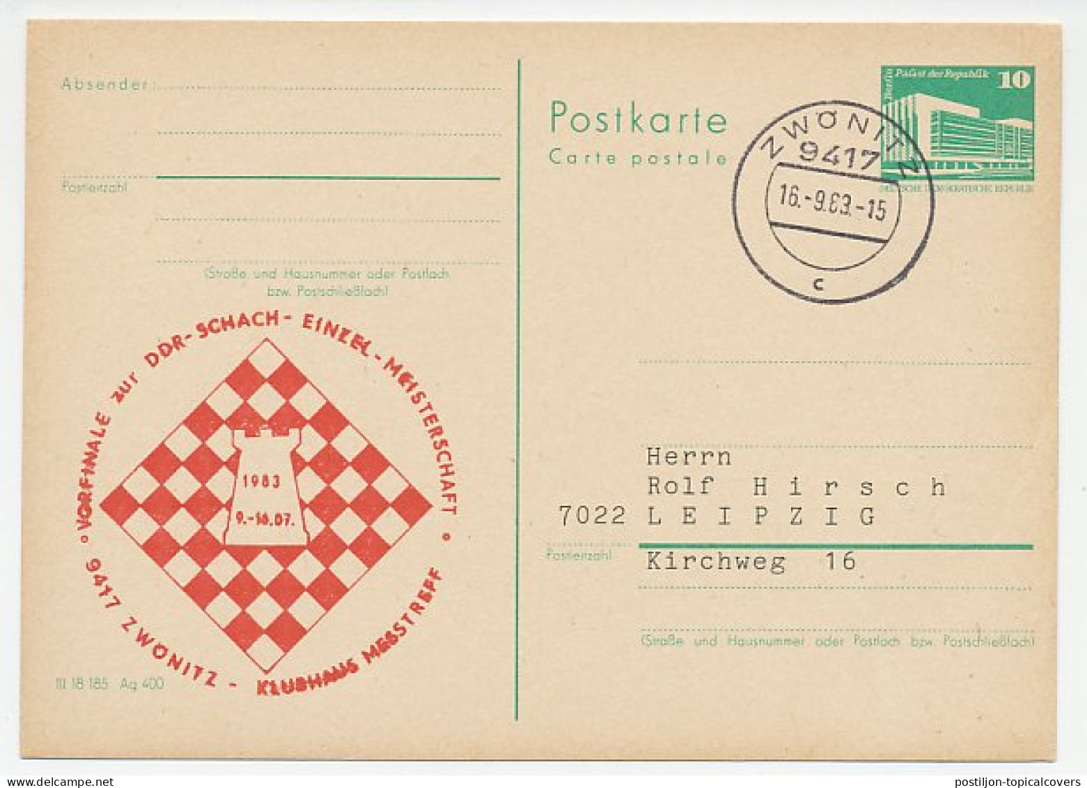 Postal Stationery Germany / DDR 1983 Chess Tournament - Non Classificati