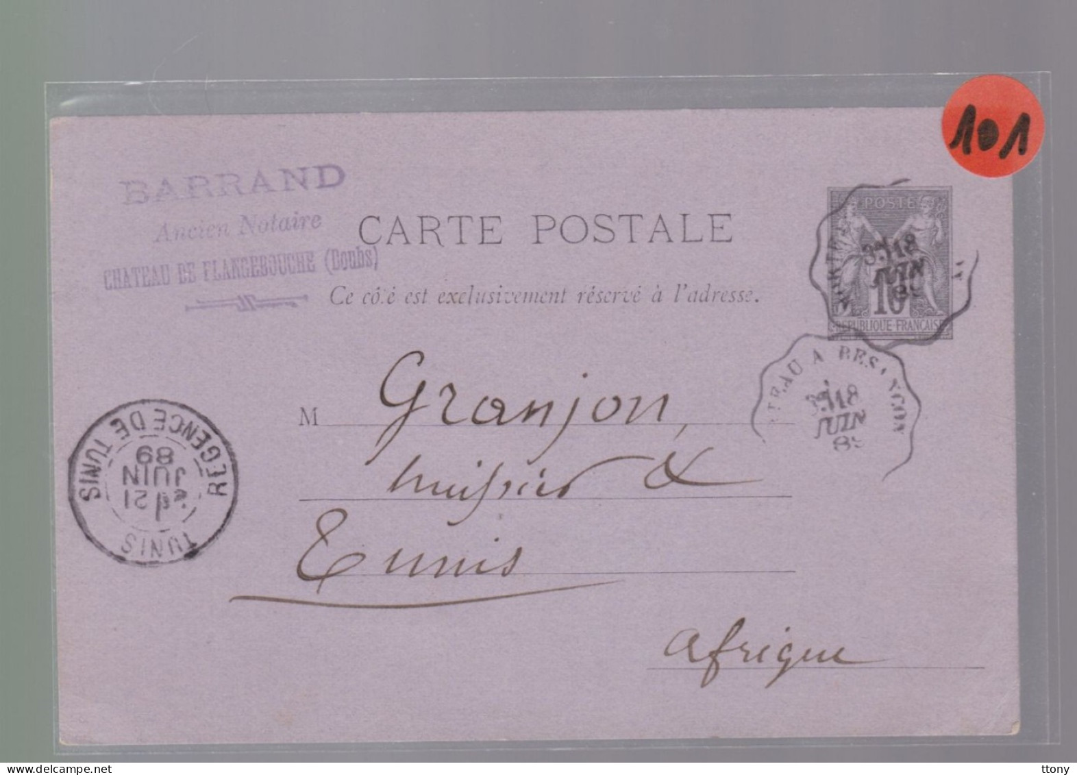 Entier Postal   10 C  Type Sage   Sur Carte Postale   Année 1889 Pour Tunis  Cachet Convoyeur Station - 1877-1920: Période Semi Moderne