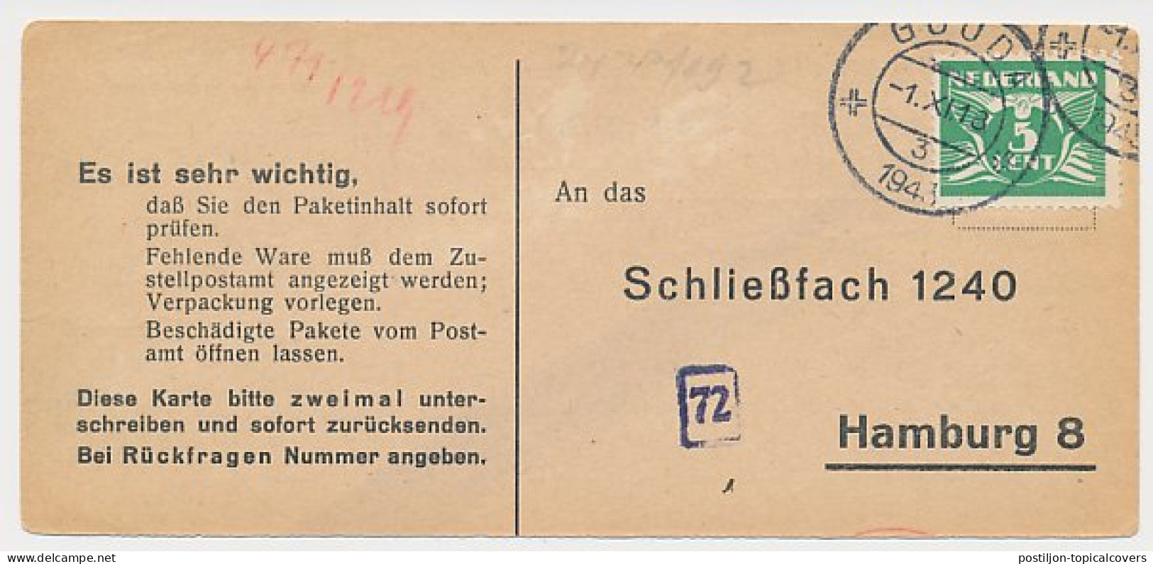 Gouda - Hamburg Duitsland 1943 - Liebesgabenpaket - Sin Clasificación