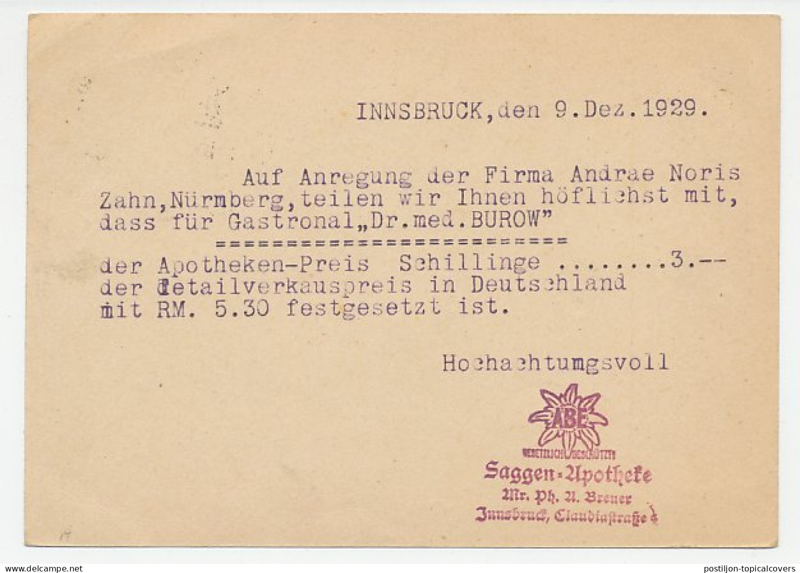 Card / Company Stamp Austria 1929 Edelweiss - Sonstige & Ohne Zuordnung