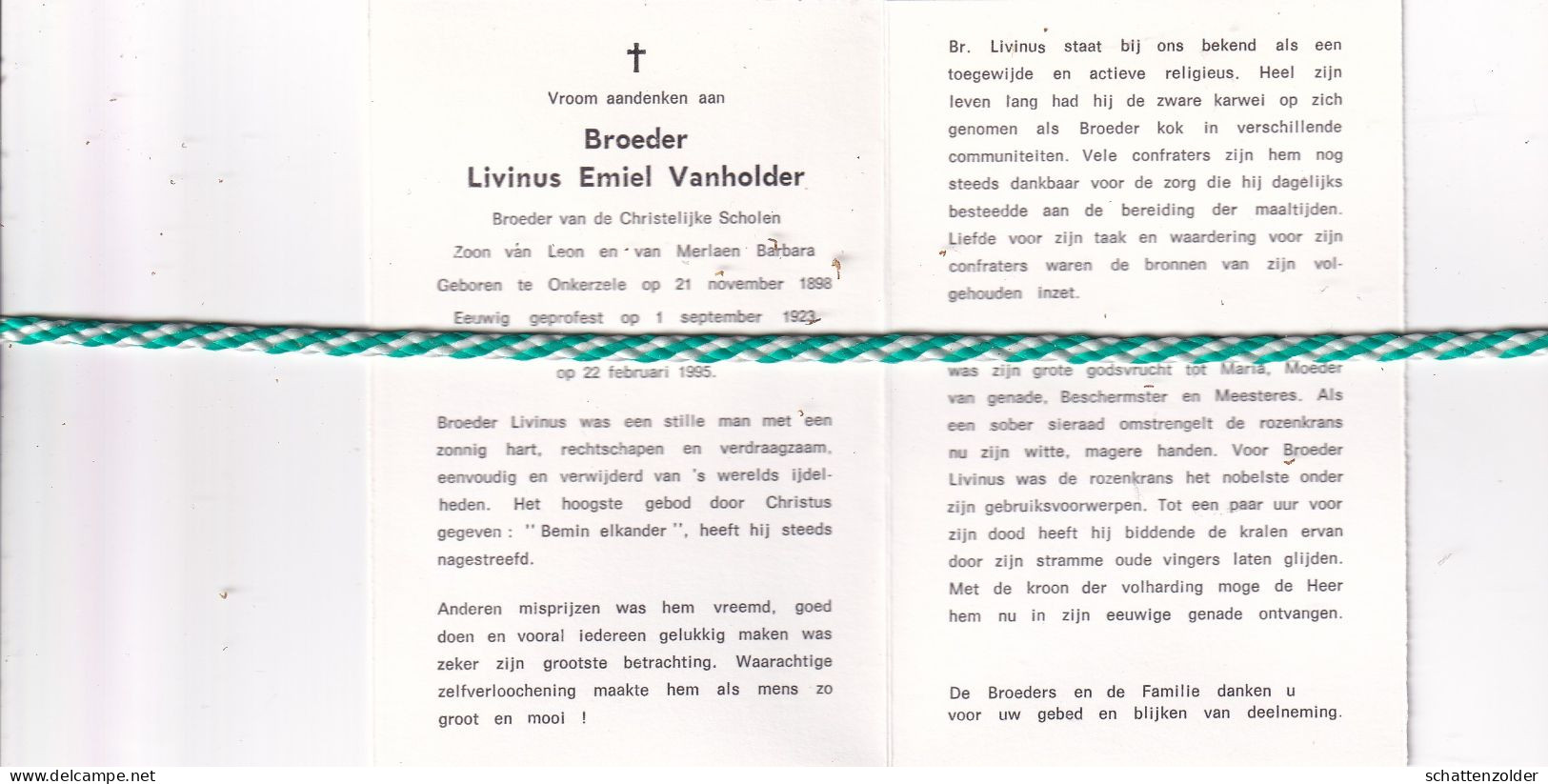 Broeder Livinus Emiel Vanholder, Onkerzele 1898, Groot-Bijgaarden 1995. Foto - Avvisi Di Necrologio