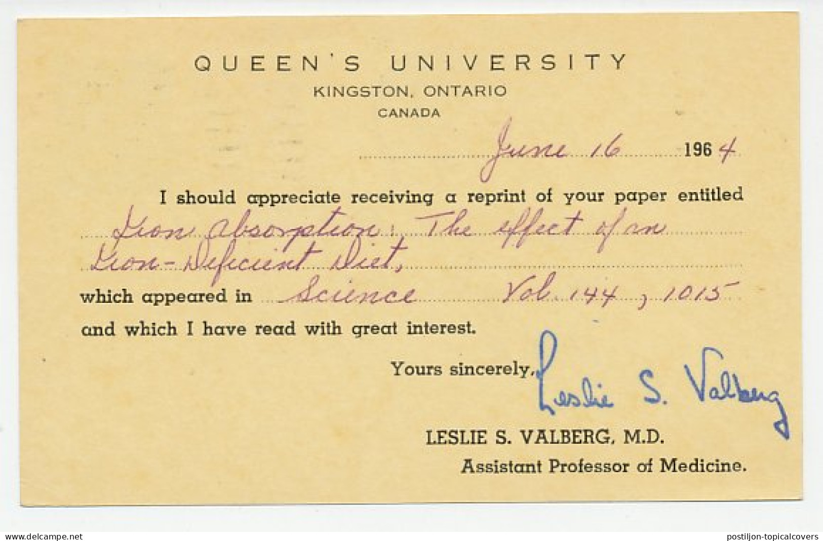 Postal Stationery Canada 1964 Queen S University Kingstin Ontario - Request - Medicine - Unclassified