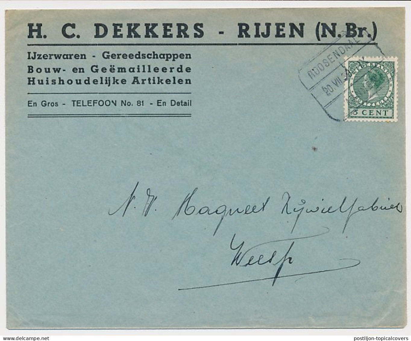 Firma Envelop Rijen 1939 - IJzerwaren - Huishoudelijke Artikelen - Non Classés