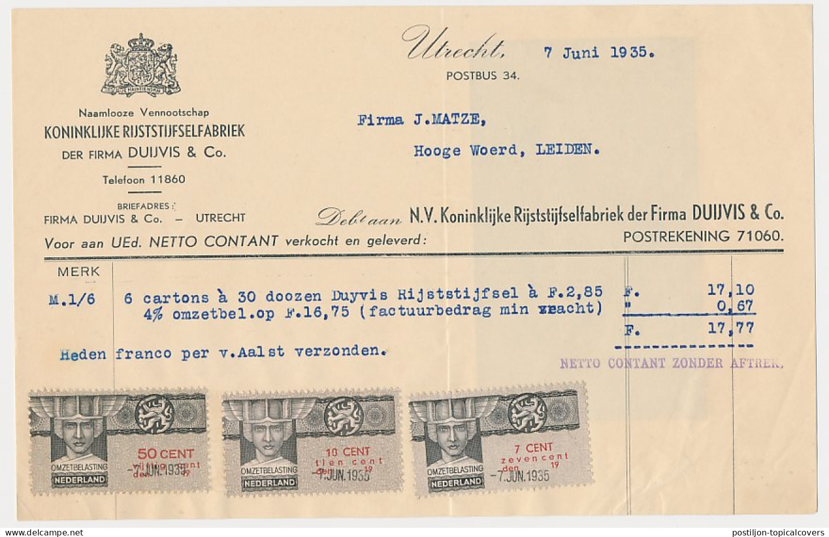 Omzetbelasting Diverse Waarden - Utrecht 1935 - Steuermarken