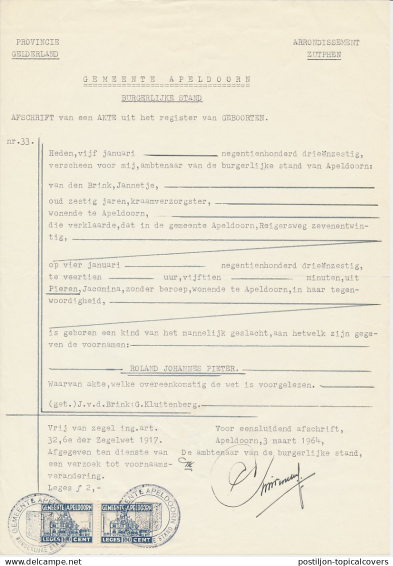 Gemeente Leges 100 CENT Apeldoorn 1964 - Fiscaux