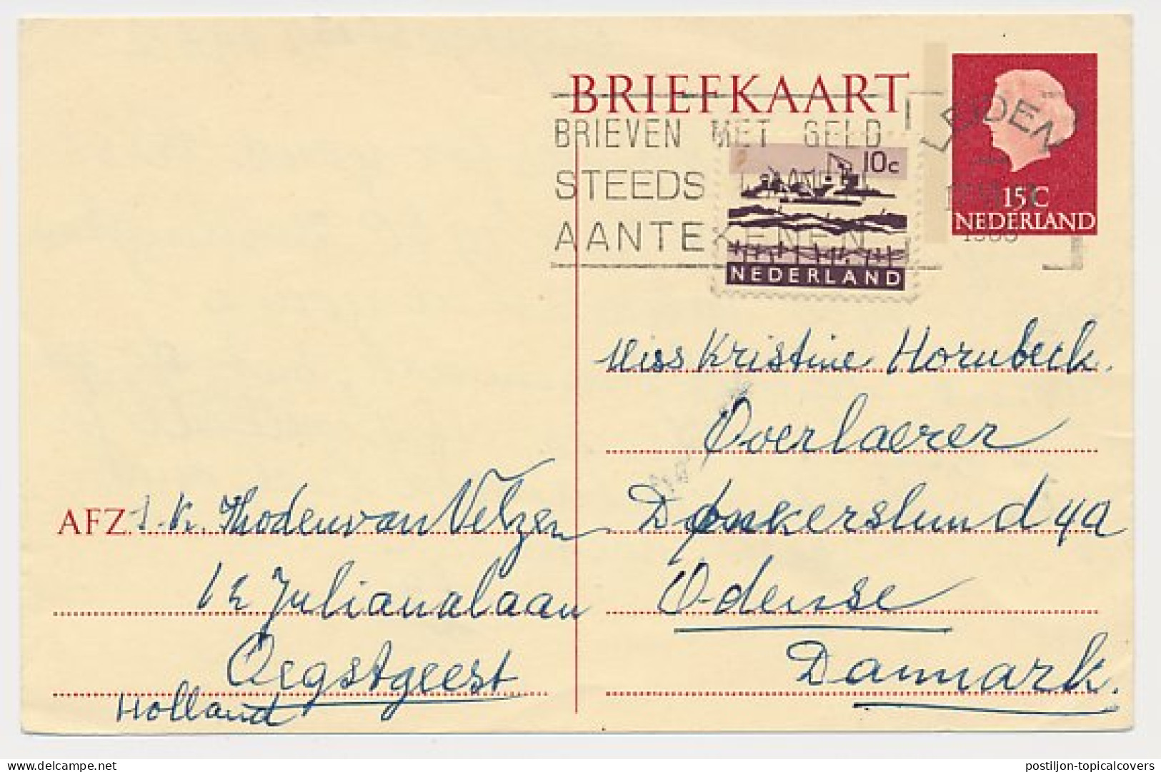 Briefkaart G. 339 B/ Bijfrankering Leiden - Denemarken 1968 - Postwaardestukken