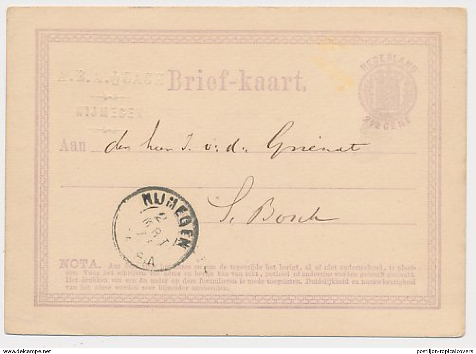 Briefkaart G. 1 Firma Blinddruk Nijmegen 1872 - Postal Stationery