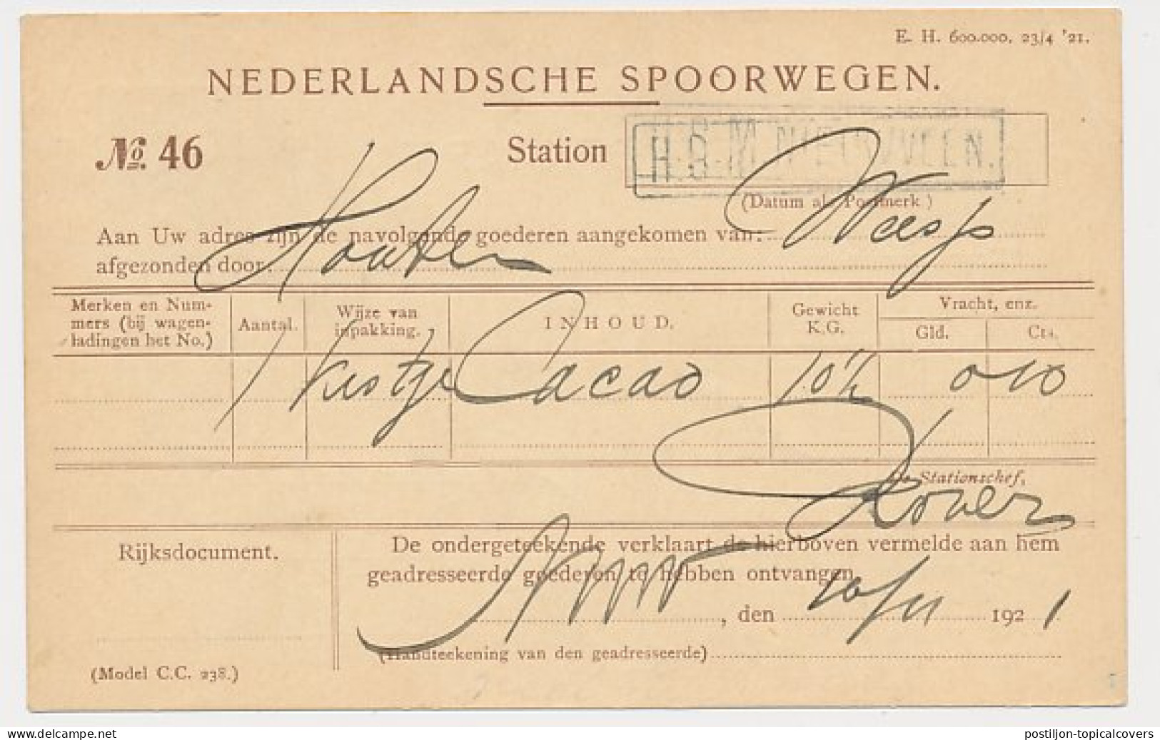Spoorwegbriefkaart G. PNS122-1 A - Locaal Te Nieuwveen 1921 - Postal Stationery