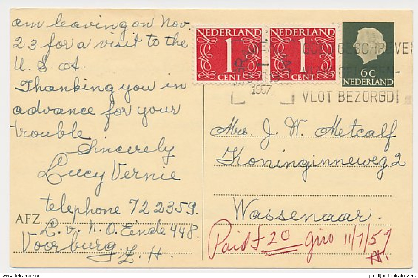 Briefkaart G. 313 / Bijfrankering Voorburg - Wassenaar 1957 - Postal Stationery