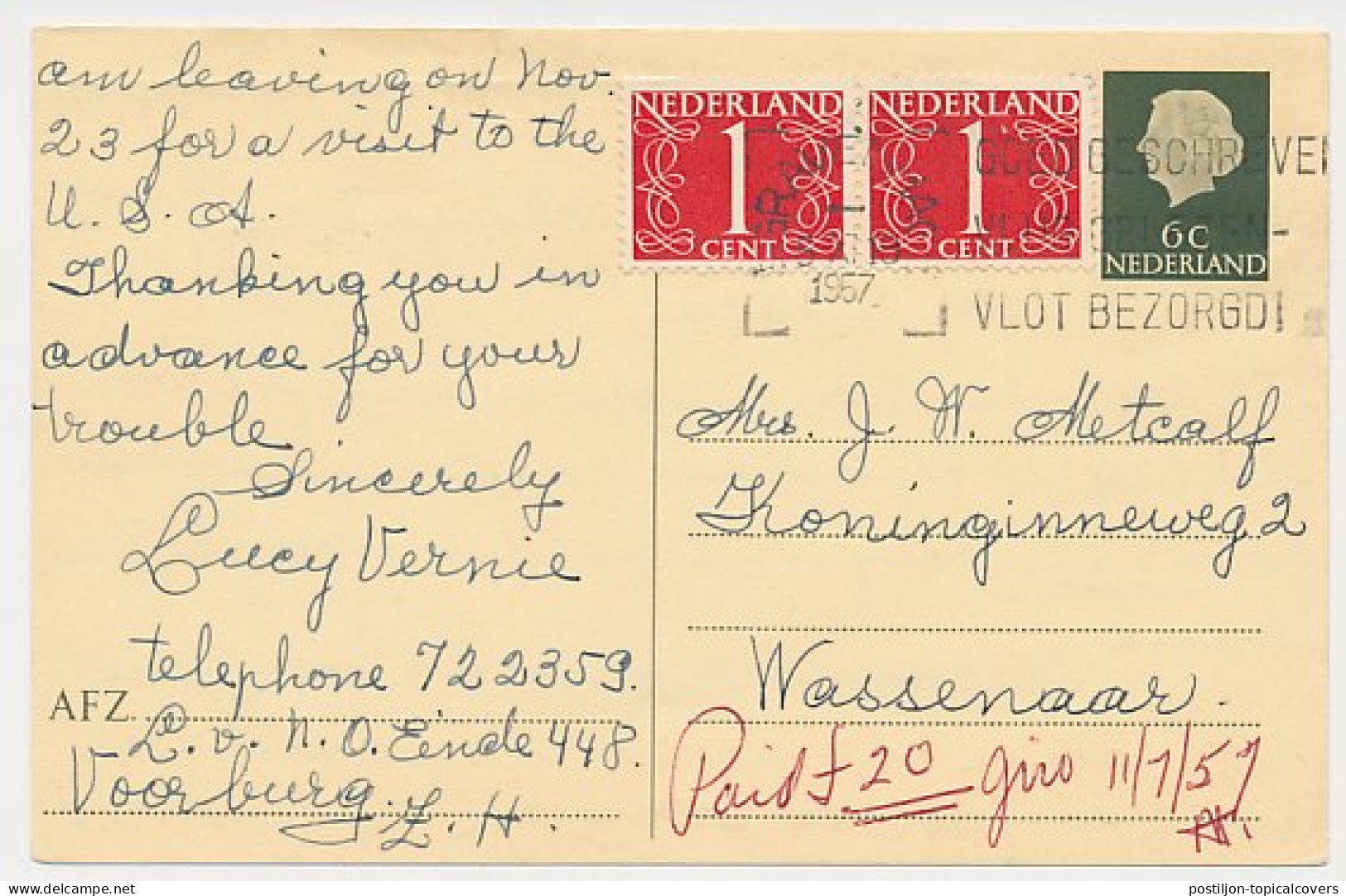 Briefkaart G. 313 / Bijfrankering Voorburg - Wassenaar 1957 - Material Postal