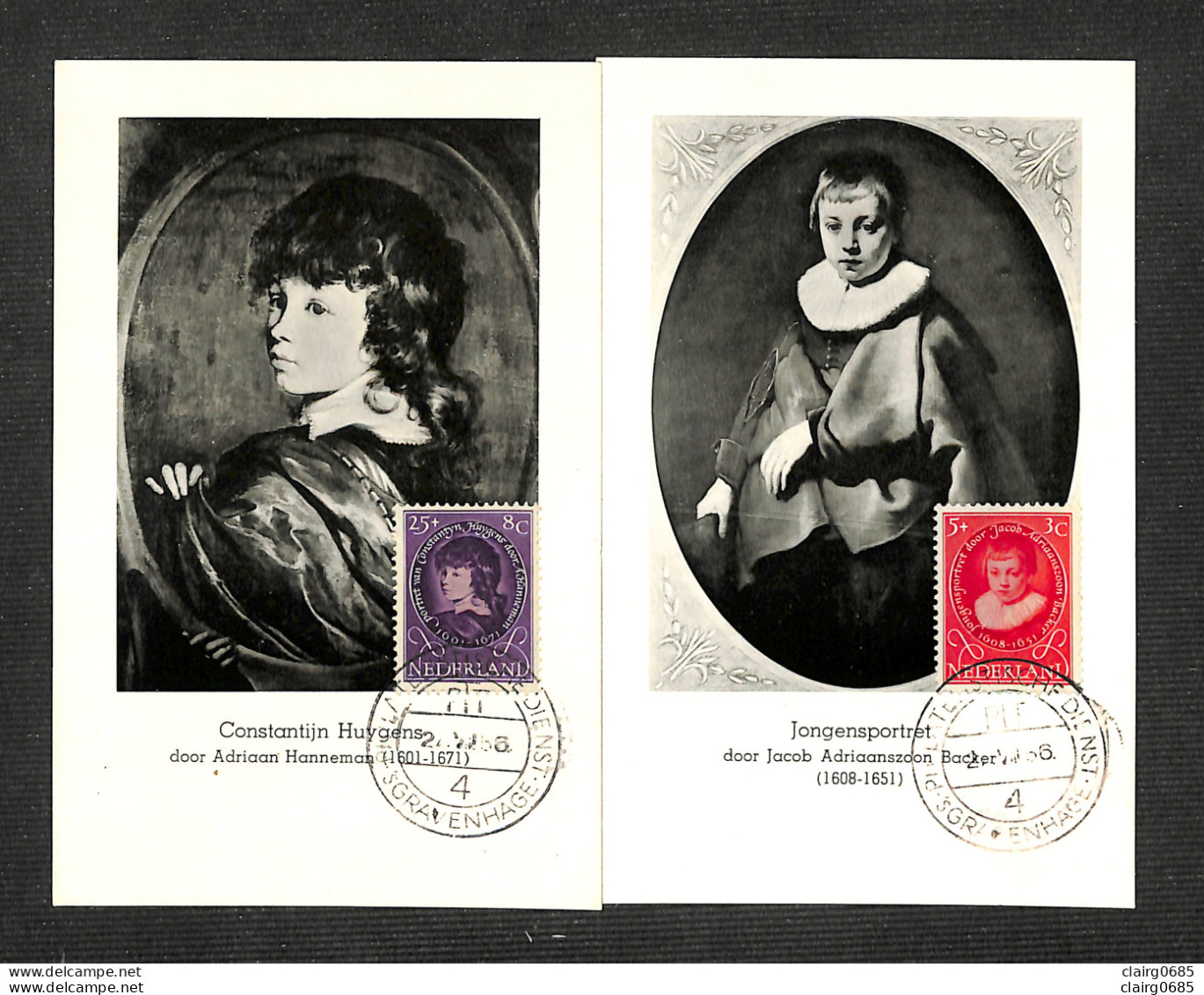 PAYS-BAS - NEDERLAND - 2 Cartes MAXIMUM 1956 - Constantin Huygens - Jongensportret - Cartoline Maximum