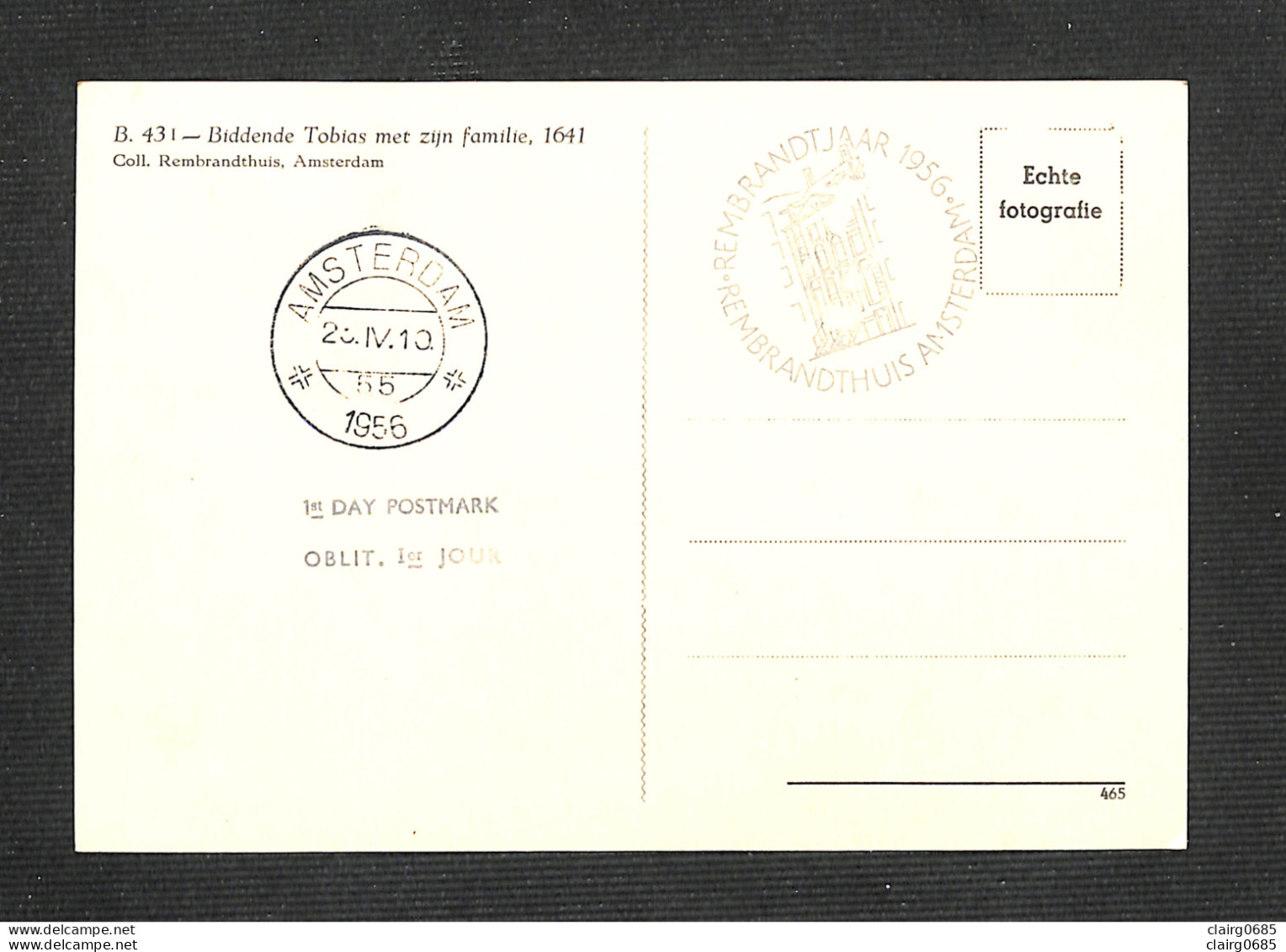 PAYS-BAS - NEDERLAND - Carte MAXIMUM 1956 - Biddende Tobias Met Zijn Familie - Rembrandt - Maximum Cards