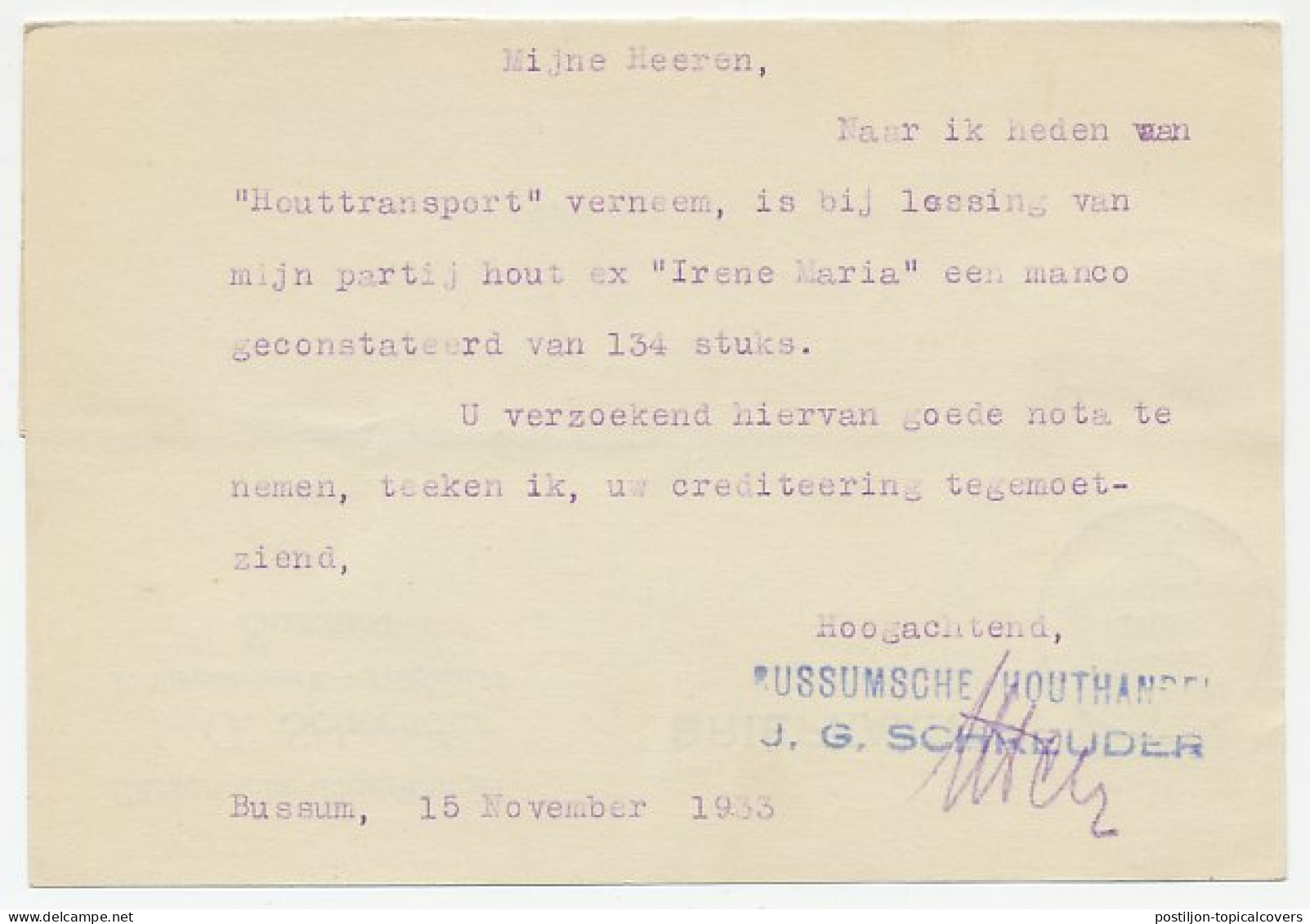 Firma Briefkaart Bussum 1933 - Houthandel - Zonder Classificatie