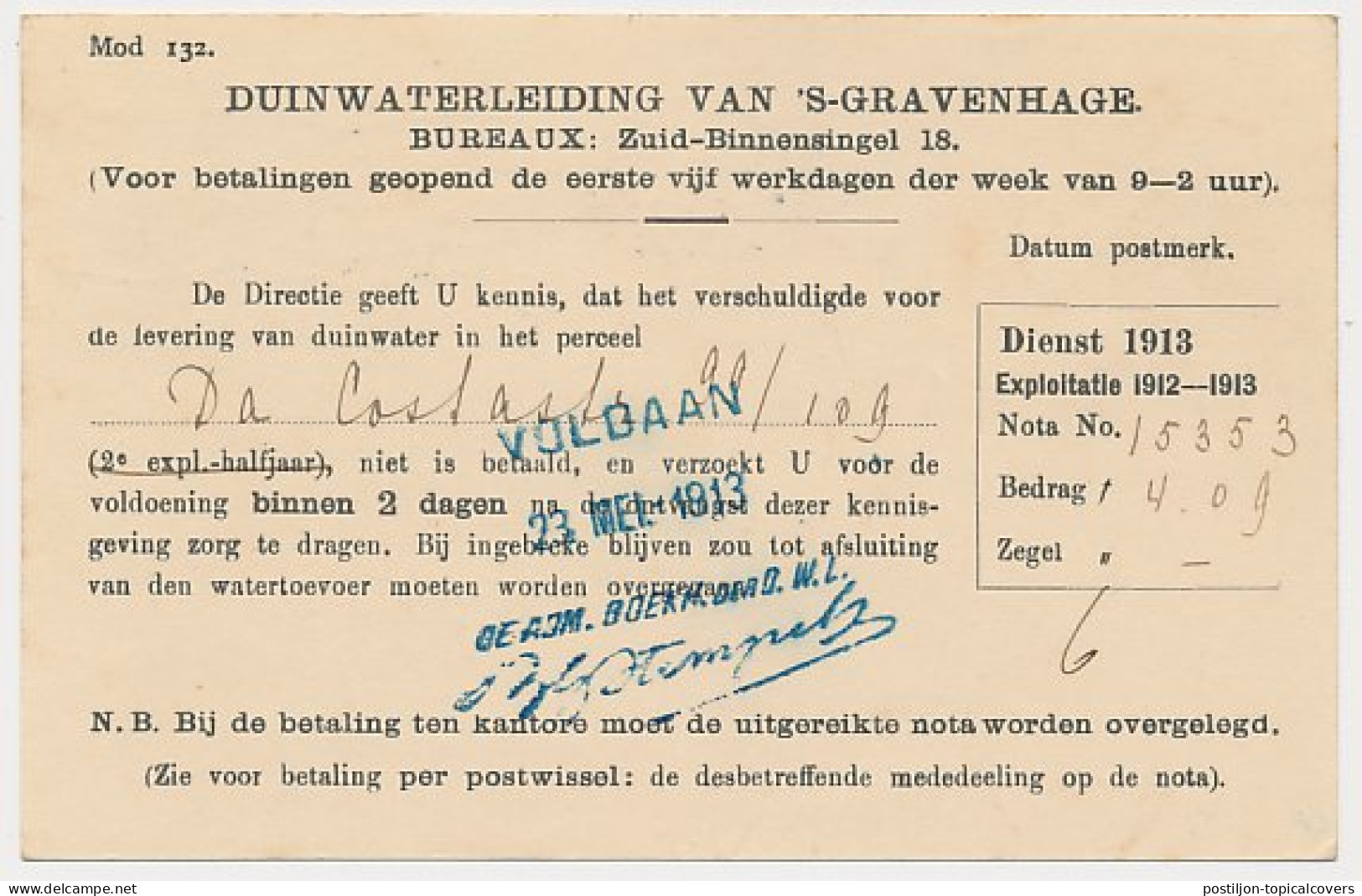 Briefkaart G. DW78-II-k - Duinwaterleiding S-Gravenhage 1913 - Ganzsachen