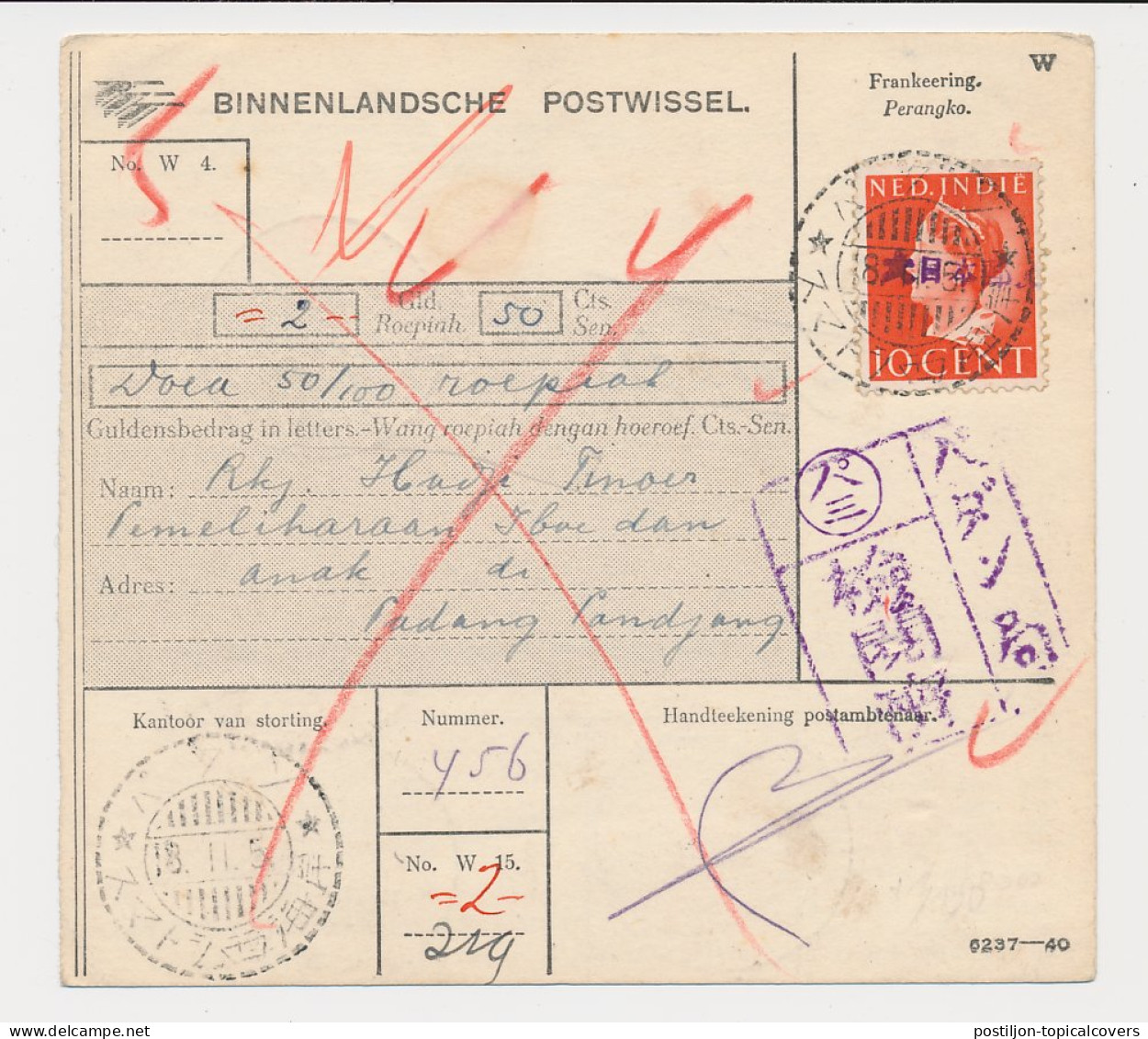 Censored Postal Money Order Padang Pandjang Dai Nippon N.I. 1943 - Nederlands-Indië