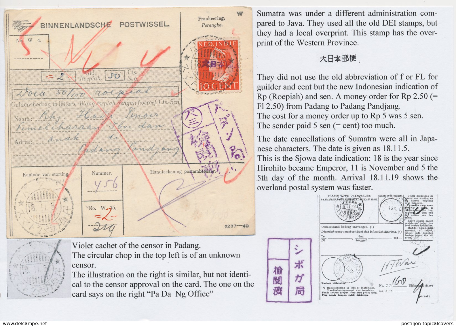 Censored Postal Money Order Padang Pandjang Dai Nippon N.I. 1943 - Niederländisch-Indien