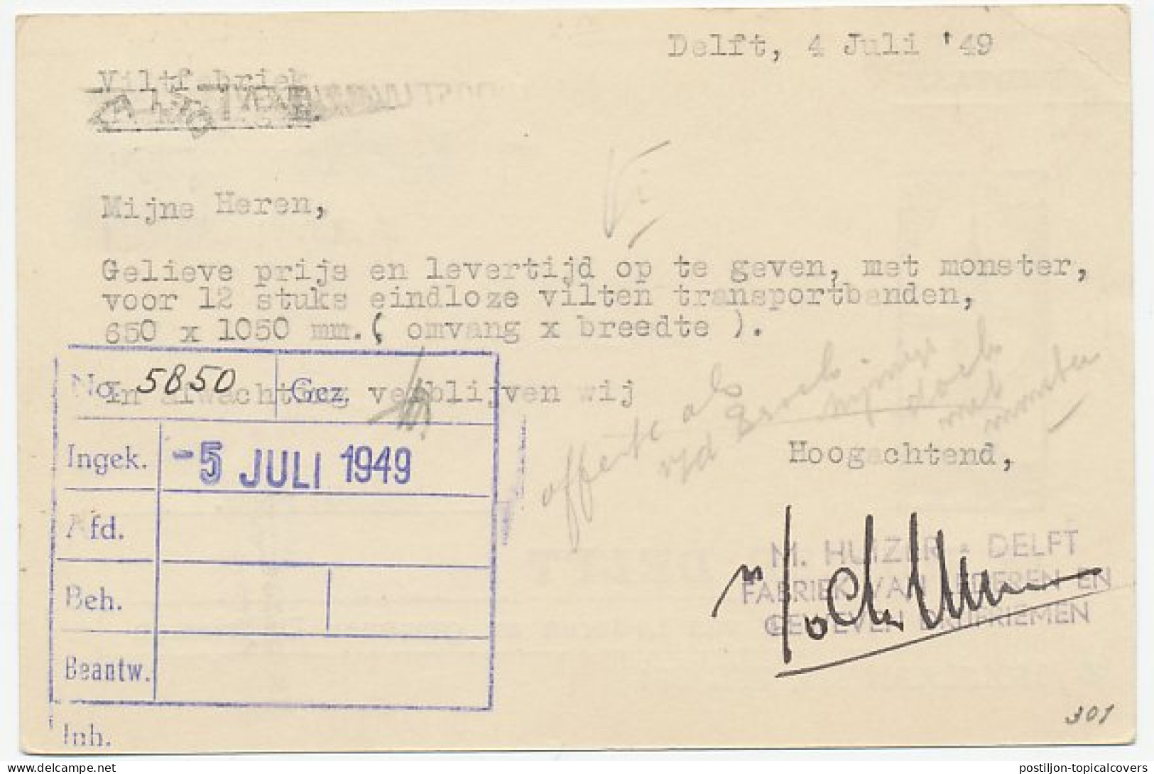 Firma Briefkaart Delft 1949 - Drijfriemenfabriek - Sin Clasificación