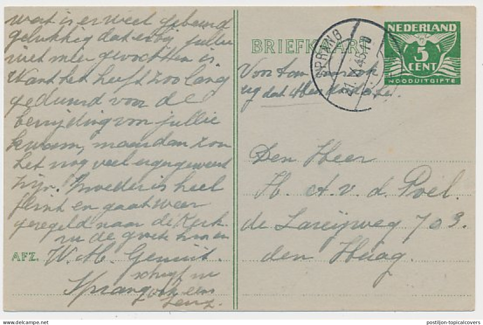 Briefkaart G. 277 D Sprang - Den Haag 1945 - Postwaardestukken