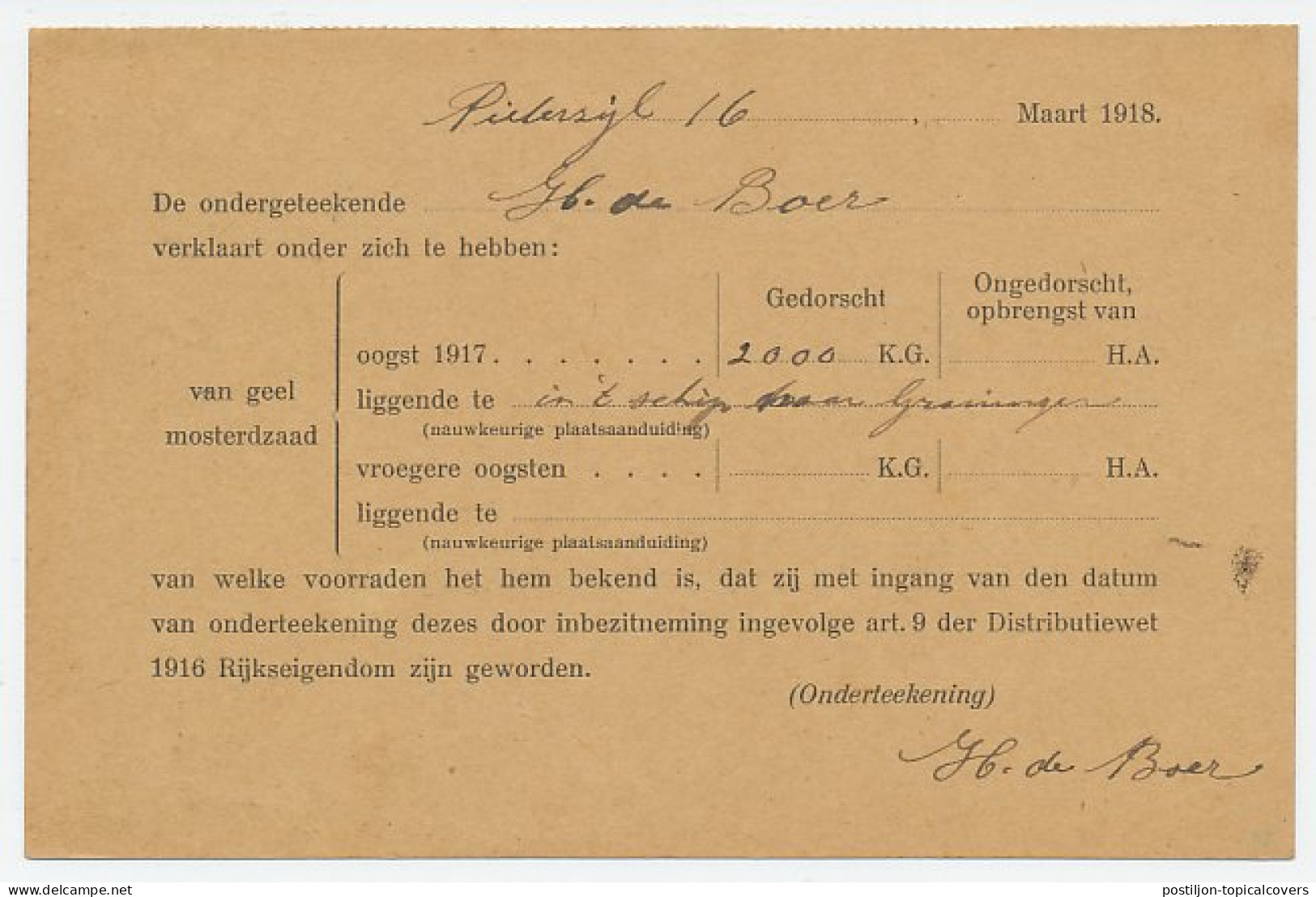 Dienst Visvliet - Grijpskerk 1918 - Uitvoering Distributiewet - Non Classificati