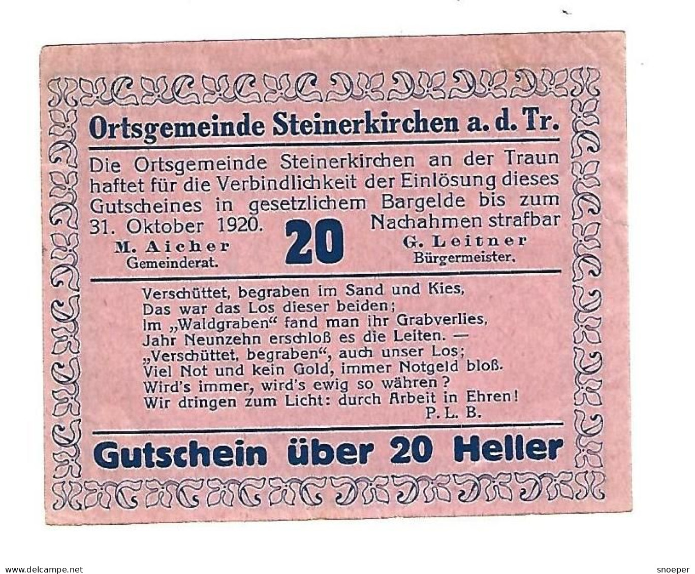 **Austria Notgeld Steinkirchen Am Der  Traun 20 Heller  1029.2b - Oesterreich