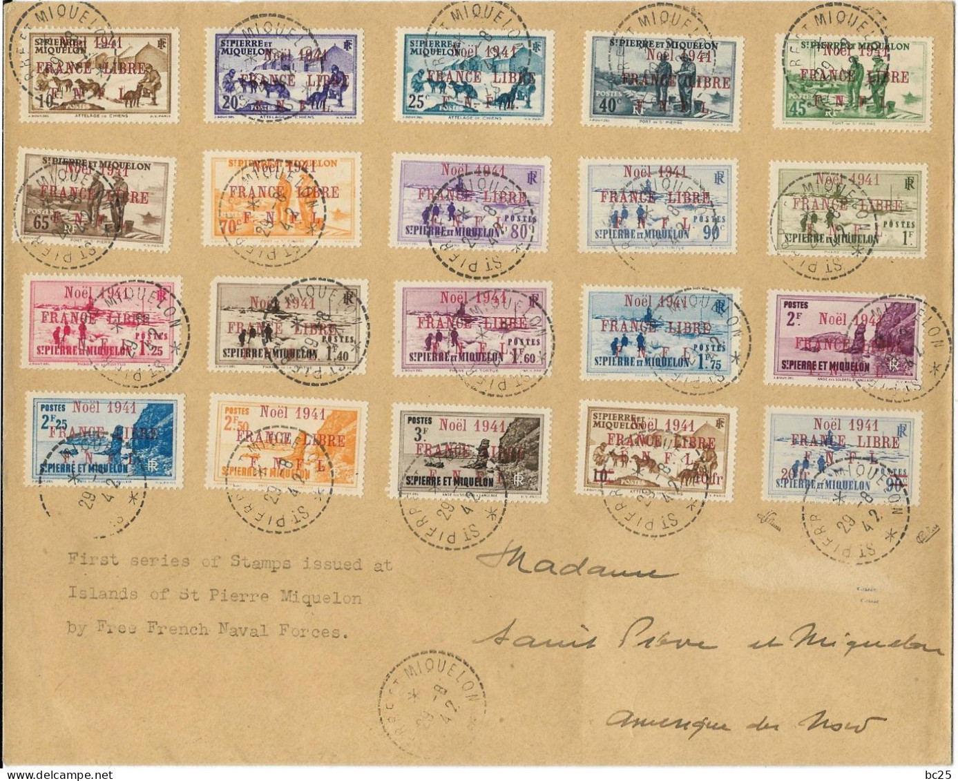 ST.PIERRE ET MIQUELON-SUPERBES ENVELOPPE COMPLETE 20 TIMBRES OBLITERATION 29/8/42 SURCH.ROUGE-SIGNATURES EXPERTS- NOEL 1 - Briefe U. Dokumente