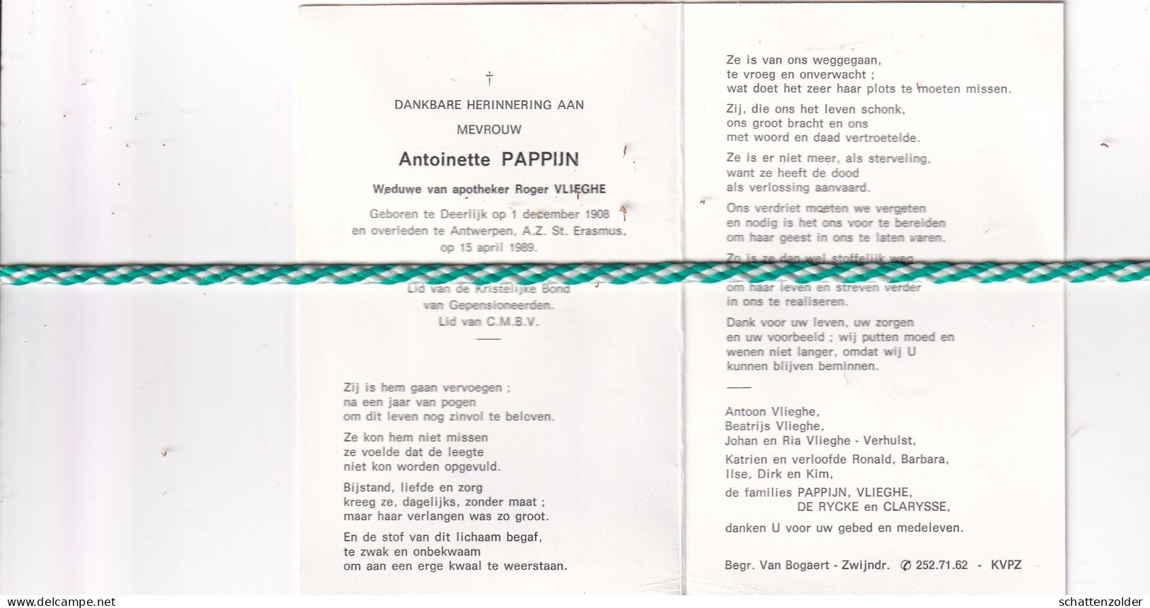 Antoinette Pappijn-Vlieghe, Deerlijk 1908, Antwerpen 1989 - Obituary Notices