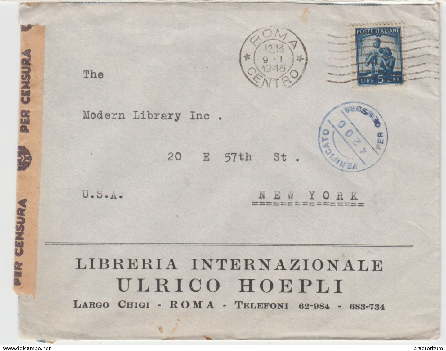 ITALIA Lettera Roma Centro, 9 Gen. 1946 A New York - Verificato Per Censura - 1946-60: Marcophilie