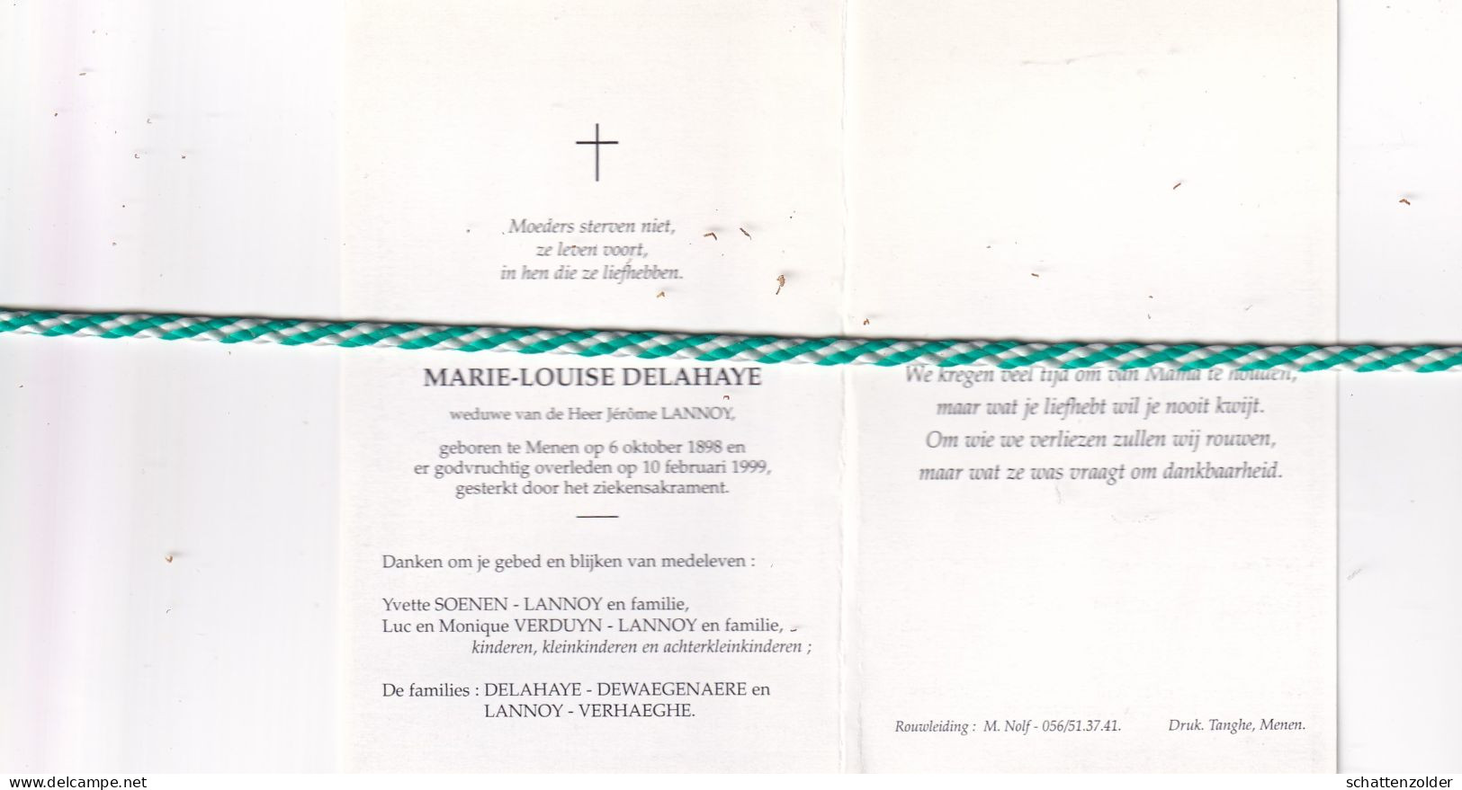 Marie-Louise Delahaye-Lannoy, Menen 1898, 1999. Honderdjarige - Décès