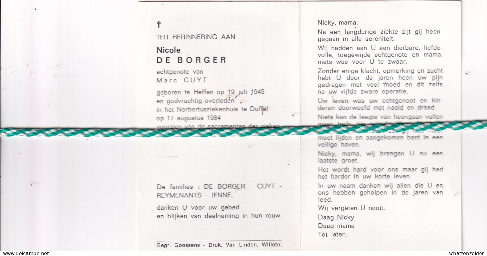 Nicole De Borger-Cuyt, Heffen 1945, Duffel 1984 - Obituary Notices