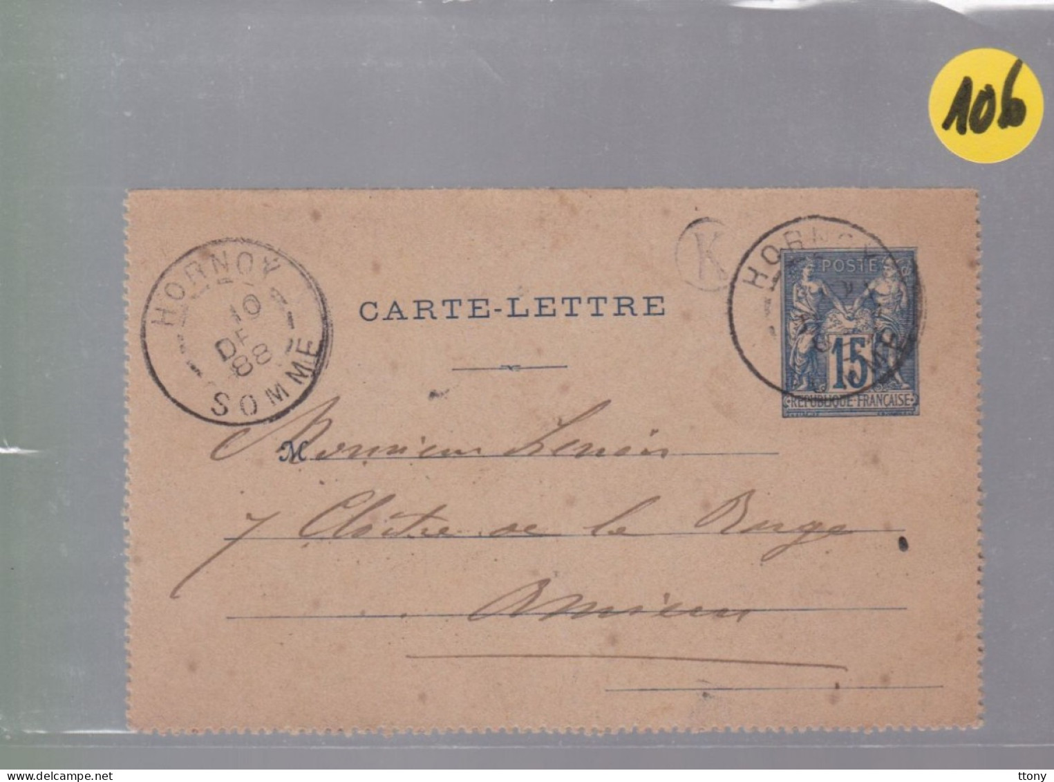 Entier Postal   15 C Bleu    Type Sage   Sur  Carte Lettre    Pour Amiens   1888 - 1877-1920: Semi Modern Period